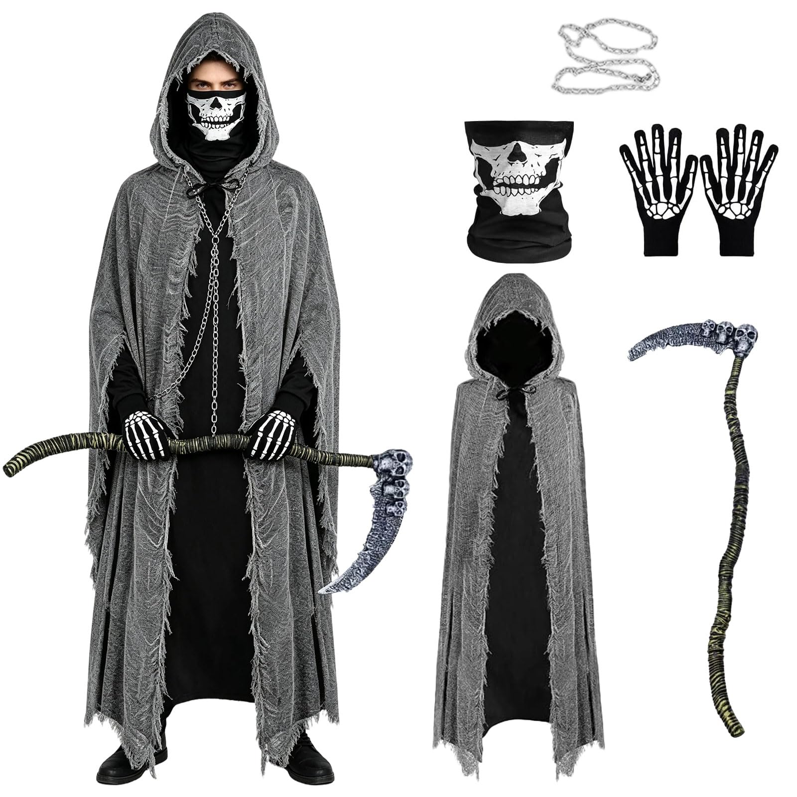 Sensenmann-Kostüm für Erwachsene (Umhang, Maske, Sense, Handschuhe & Ketten)