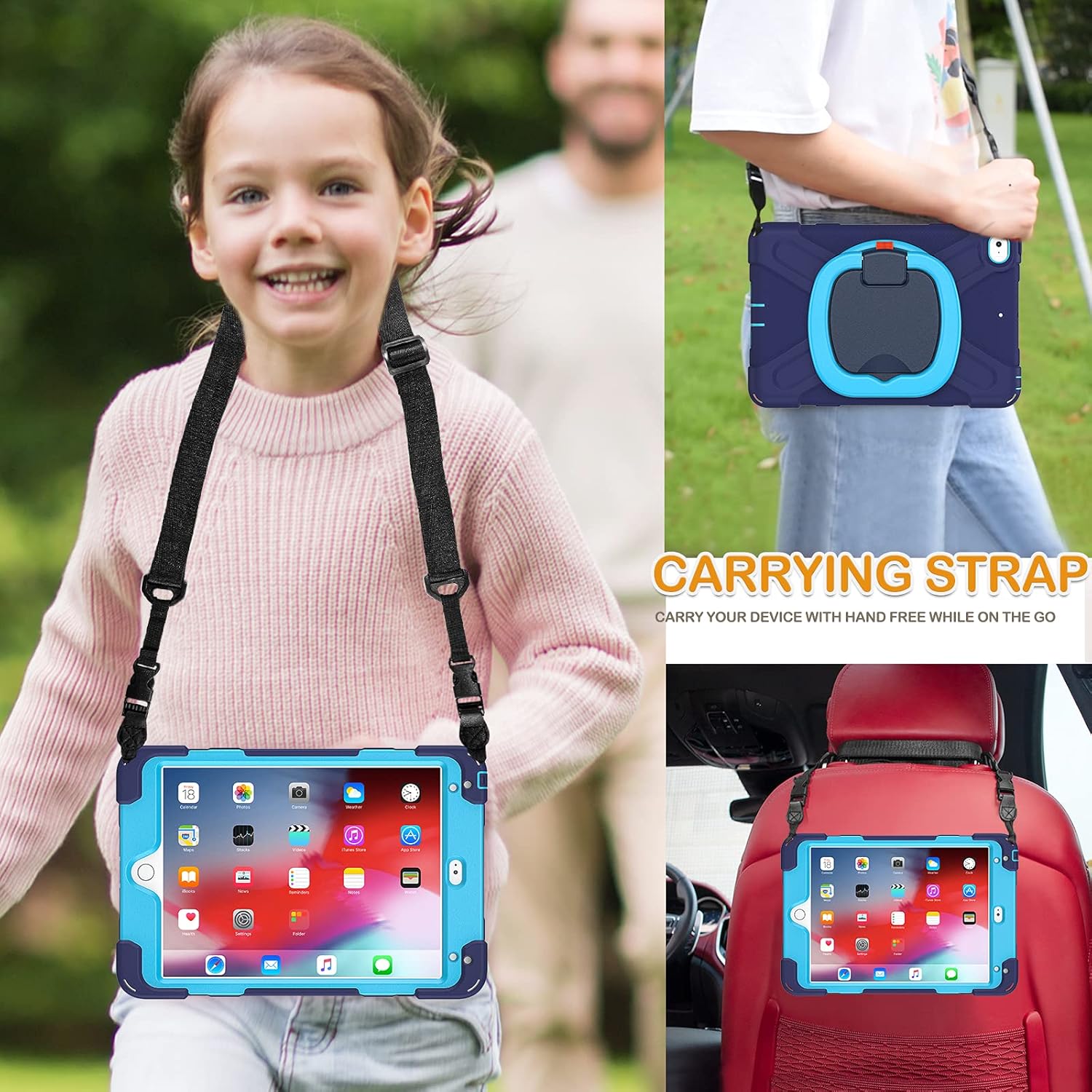 BRAECN Case for iPad mini 5th/4th Generation-Heavy Duty Full Body Protective Rugged Case with Pencil Holder,Kickstand,Hand Grip,Carrying Holder for iPad mini 5(2019),Mini 4(2015) 7.9 Inch, Navy+Blue