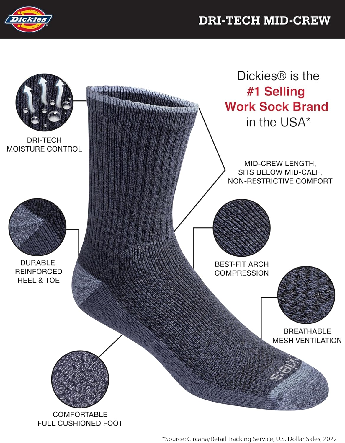 Dickies Men's Dri-Tech Mid-Crew Comfort Length Moisture Control Socks (6, 12 Pairs) - Image 3