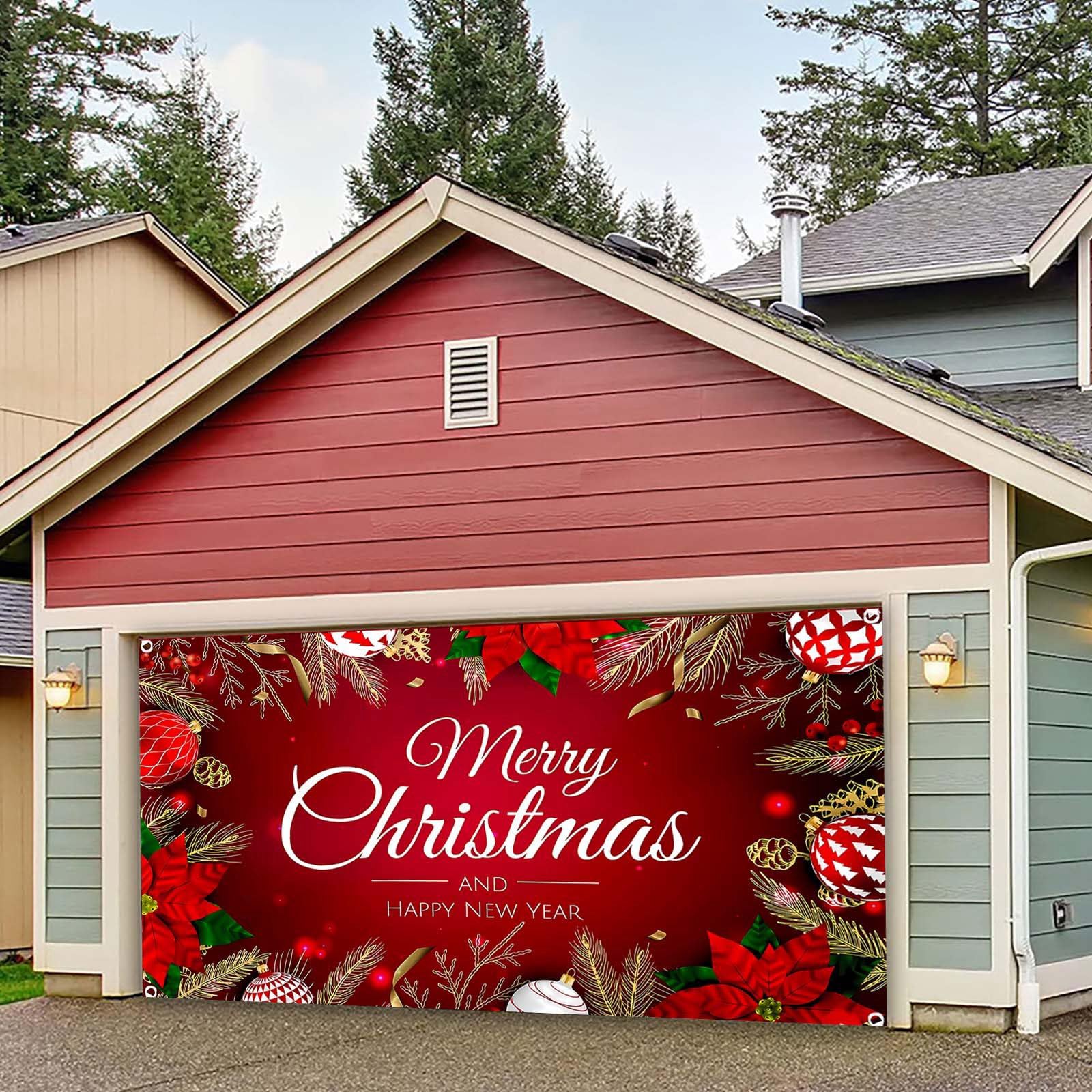 Letreros de Navidad para decoración de puerta de garaje, pancarta de Navidad para puerta de garaje, cubierta mural de 7 x 16 pies, letrero grande de feliz para vacaciones