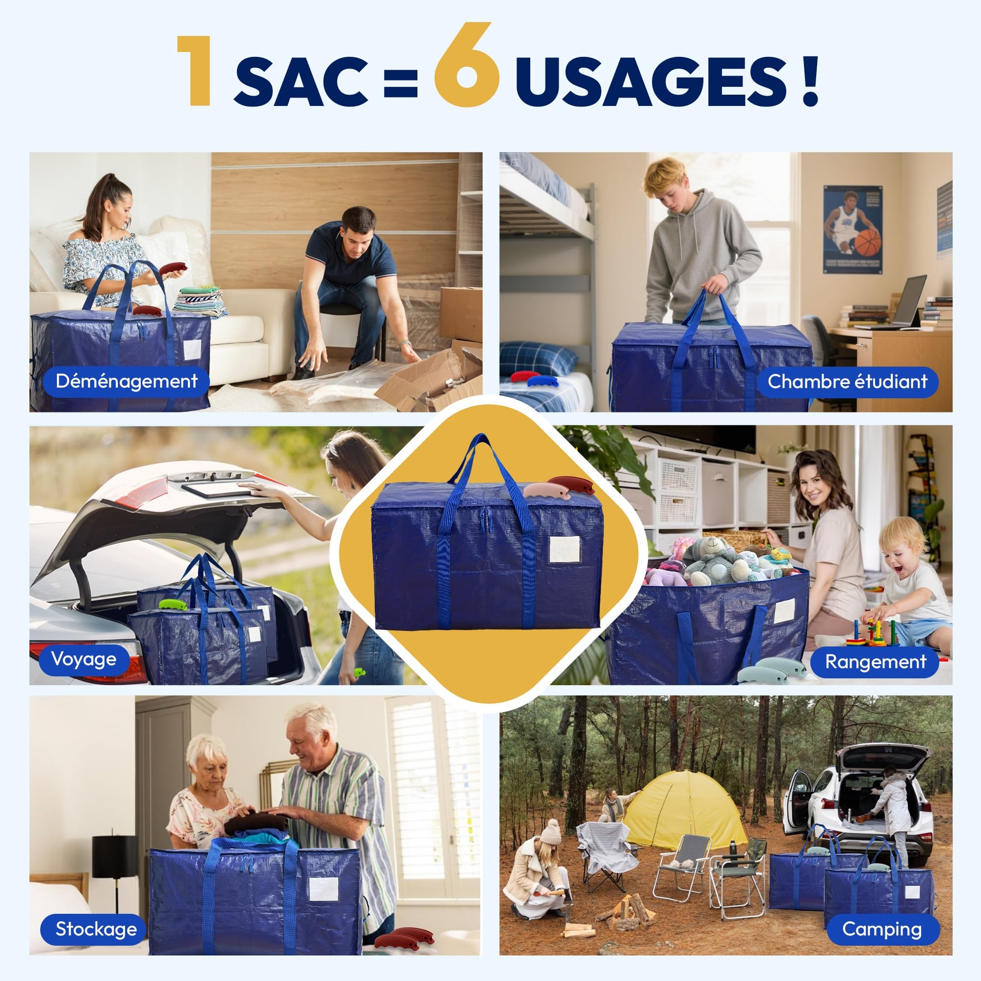 AXAM Sac de Déménagement XL 91 L [Lot de 4] – Sac de Rangement Ultra Résistants avec Poignées Confort en Silicone – Alternative Écologique au Carton – Pliables, Imperméables et Empilables