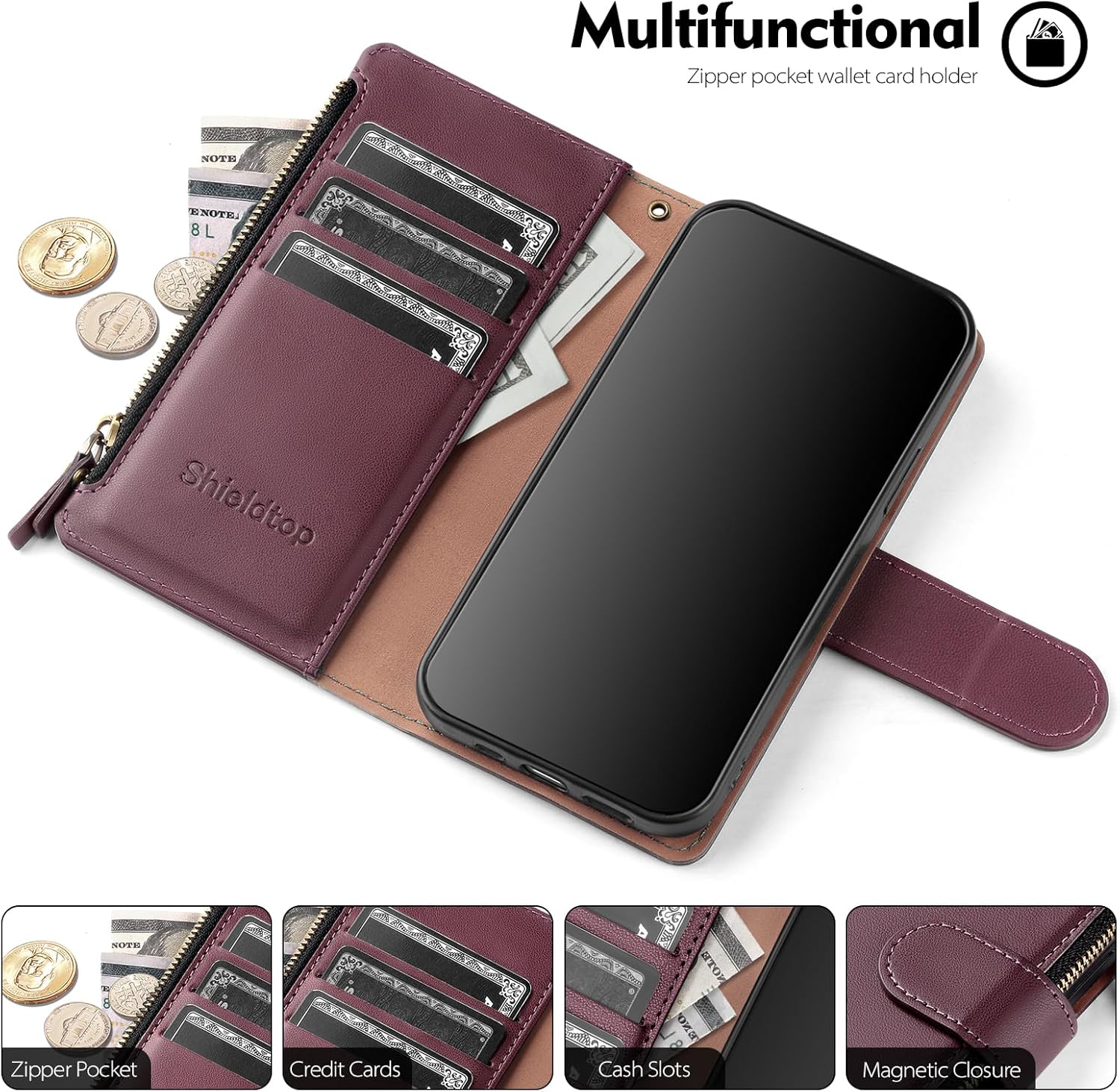 Compatible with iPhone 16 Pro Wallet Case with Card Holder,Women Men RFID Blocking PU Leather Flip Cover Wrist Strap Zipper Credit Card Slots,Phone Case for Apple 16 Pro 6.3",Wine Red - Image 3