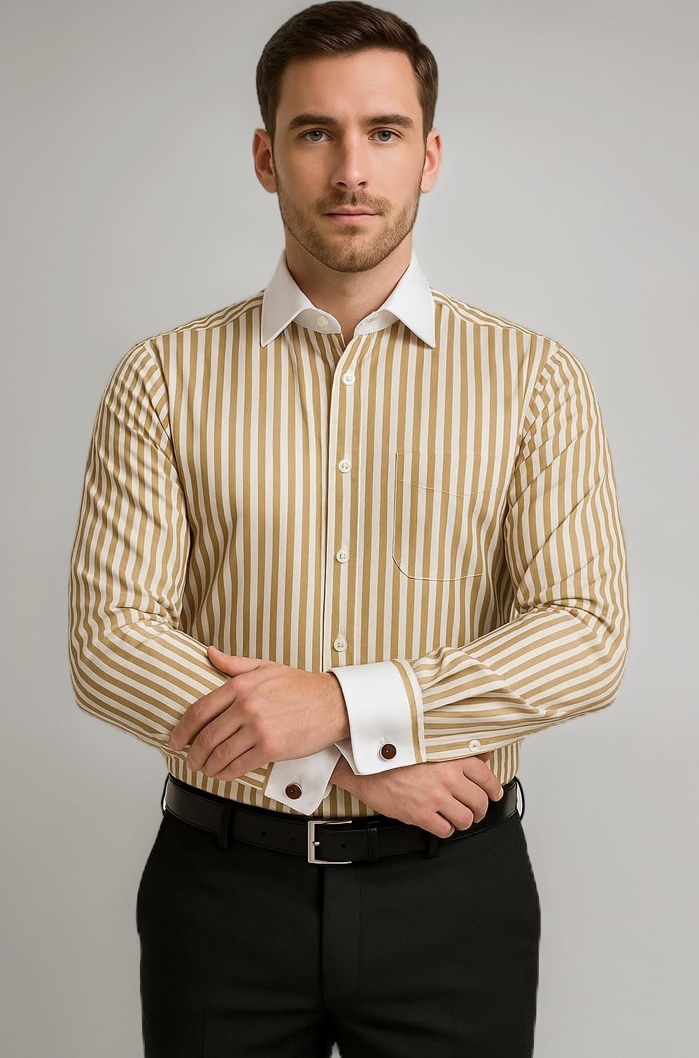 LIVIK Menโs Premium Pure Cotton Formal Shirt | French Cuff & Cufflinks | Solid, Striped & Microcheck | Business, Party & All-Occasion Wear