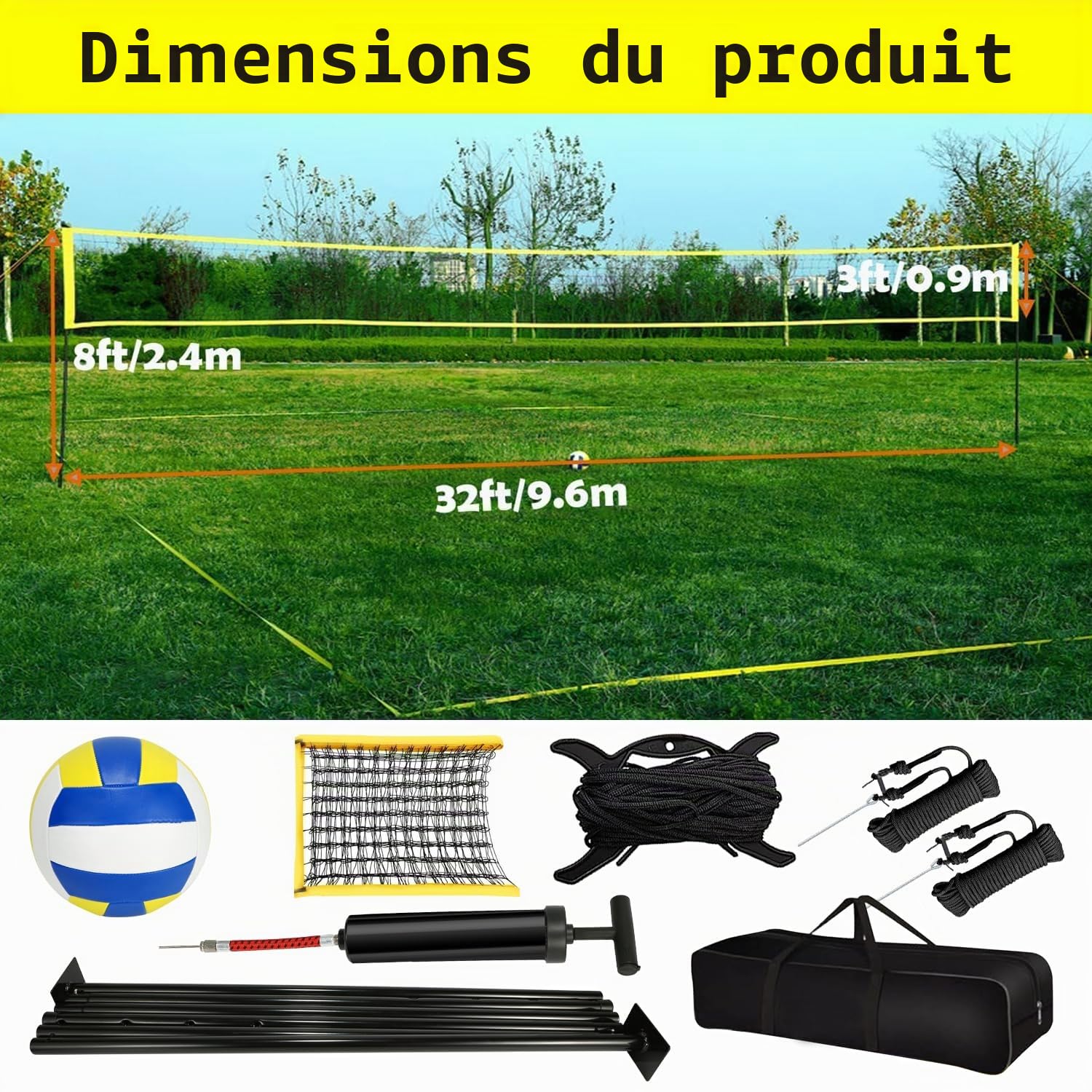 Ensemble de Filet de Volleyball 9.5m x 1m avec Poteau en Acier, Hauteur réglable