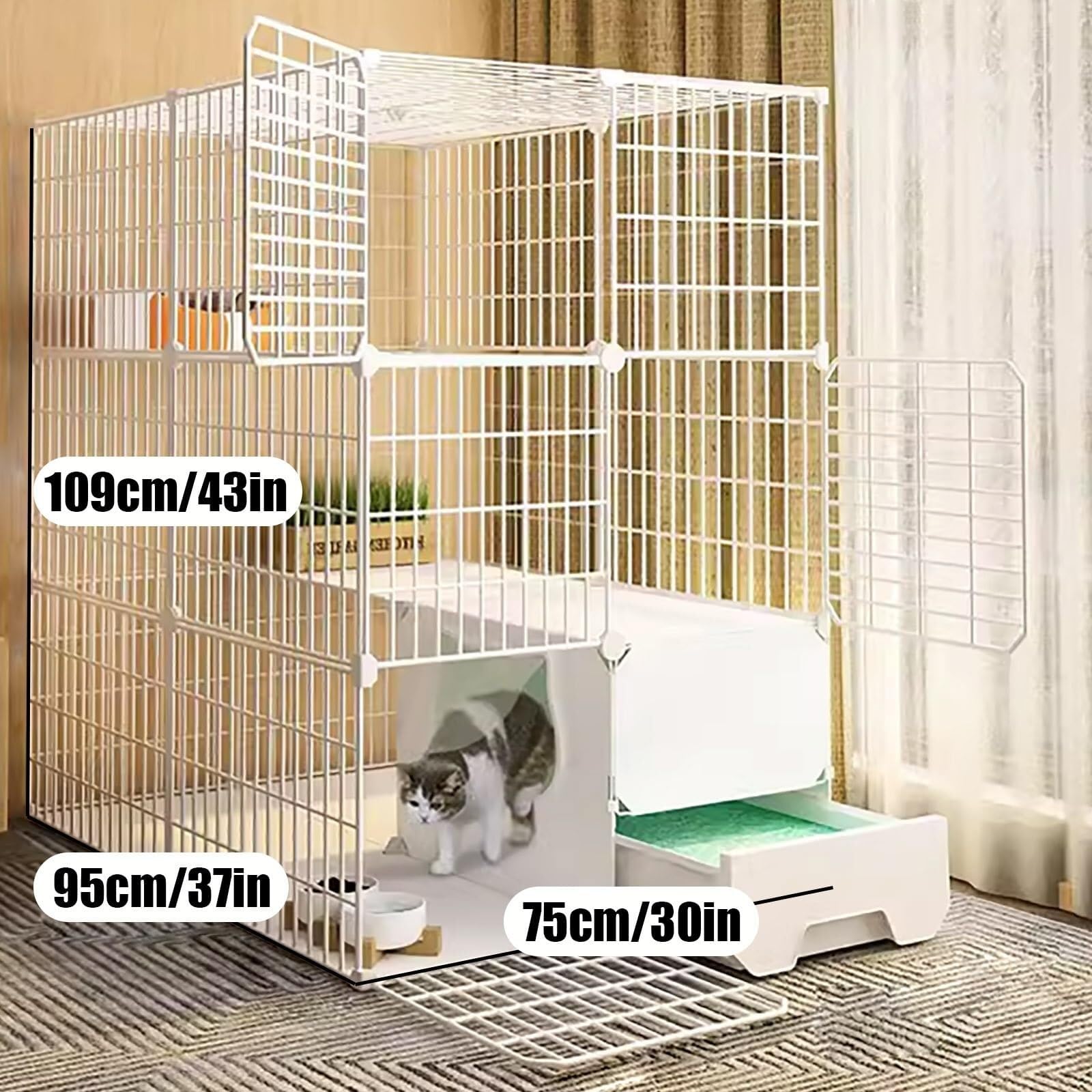 HYJYGM Katzenkäfig den Innenbereich, zusammenklappbarer Haustierkäfig, Katzenlaufstall, herausziehbare Katzentoilette mit Katzenstreu, Metalldraht-Zwingerkiste, für Katzen, kleine Tiere, weiß, L B x 1