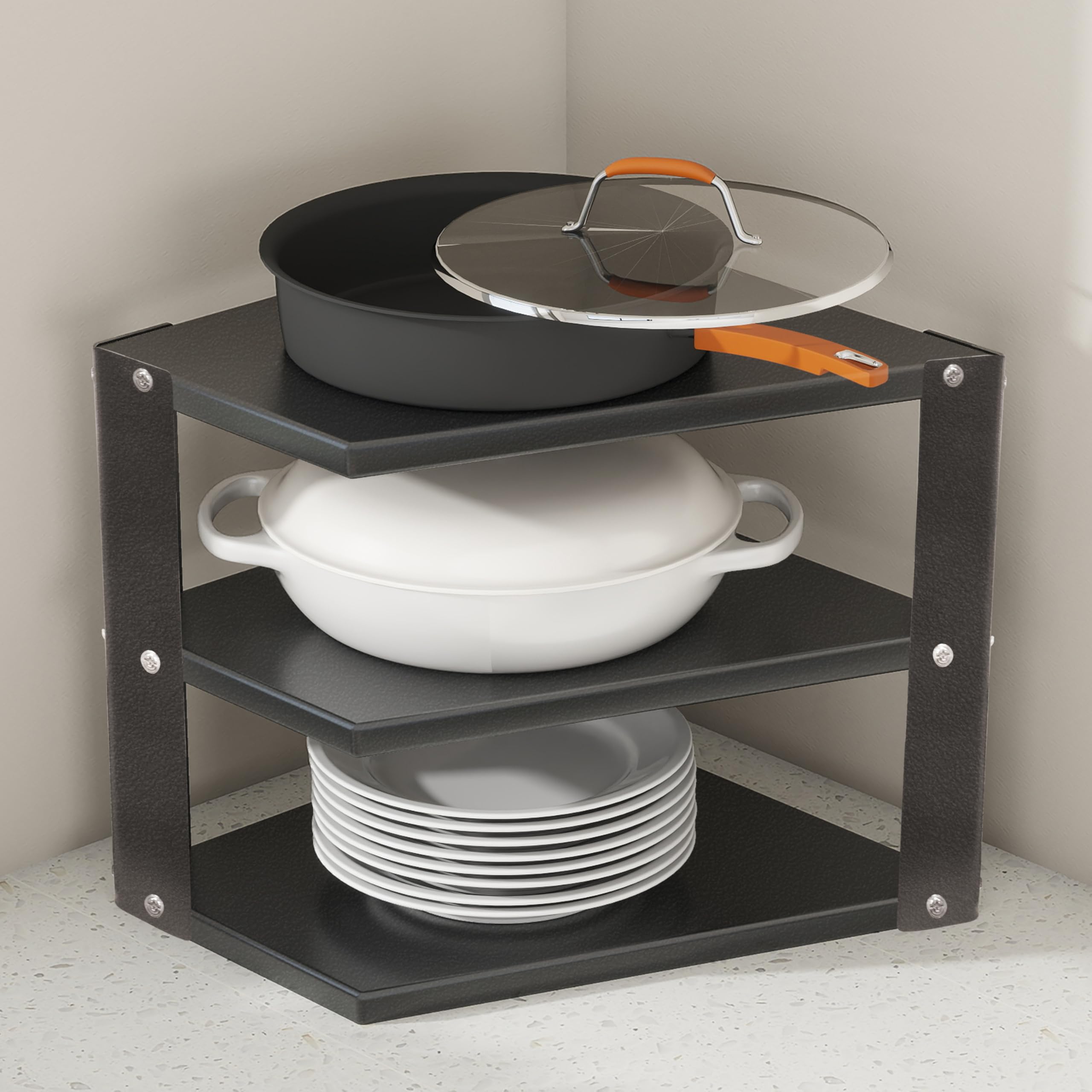 Plantex GI-Steel 3-Tier Pan Stand for Kitchen/Multipurpose Corner Floor Mount Shelf for Kitchen - Pack of 1 (Black)-image-15