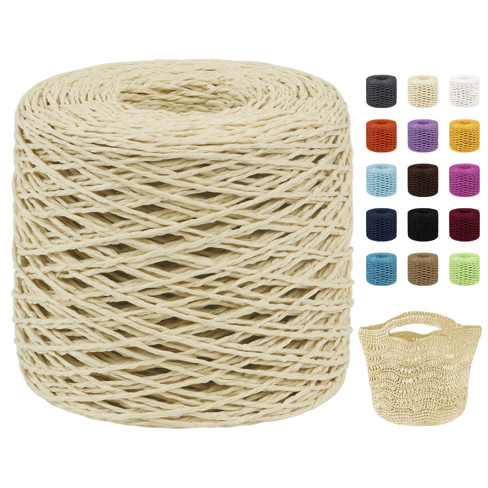 Uiopa Raffia Yarn for Crochet, 2mm x 200m Raffia Paper String Straw Crochet Yarn for Crocheting Beach Bags, Sun Hats, Home Decor, DIY Crafts (Khaki)