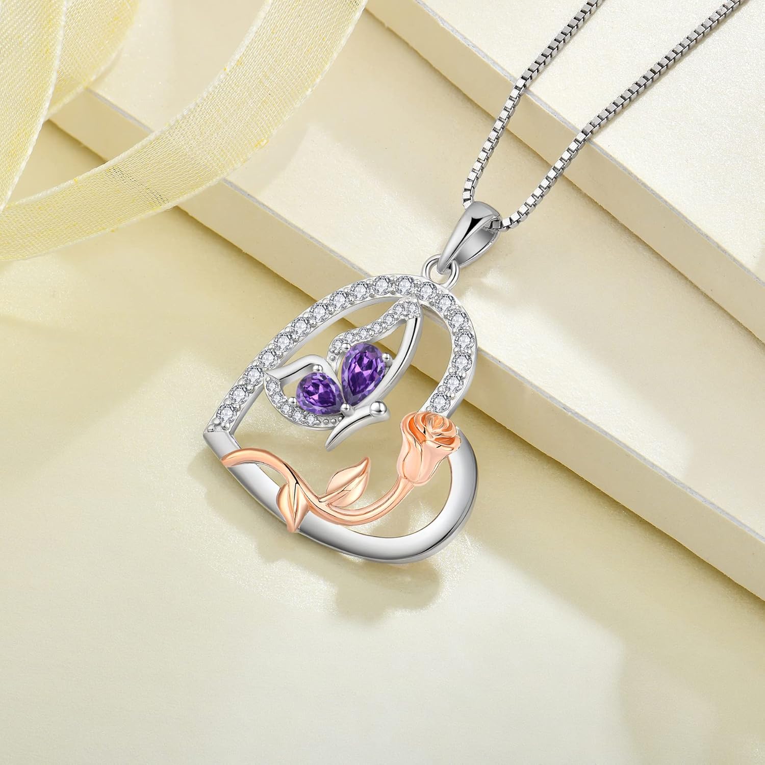 Love Heart Butterfly Necklace for Women 925 Sterling Silver Birthstone Pendant Rose Flower Dainty Jewelry Gifts for Women Wife Girlfriend Mother Daughter Her - Image 5