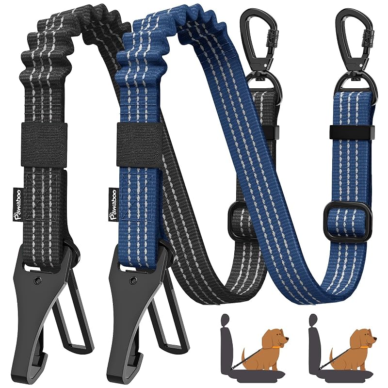 Cinto de Segurança para Cães com Guia Elástica Ajustável e Trava 360° Pawaboo AE-Indigo/Black, Pacote com 2
