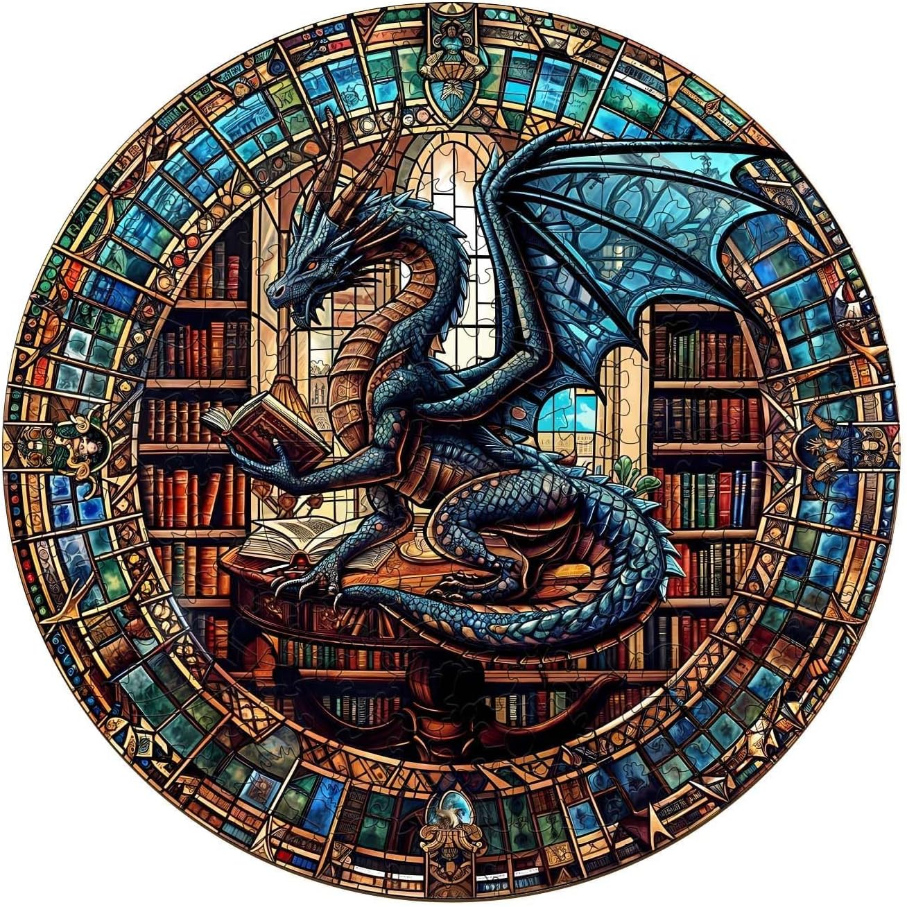 Jigfoxy Wooden Puzzles for Adults, Dragon's Library Wood Puzzles Adult | Unique Animal-Shaped Wooden Jigsaw Puzzle, Christmas Birthday Gifts for Women, Men, Puzzle Lovers (S-8.5*8.5in-100pcs)
