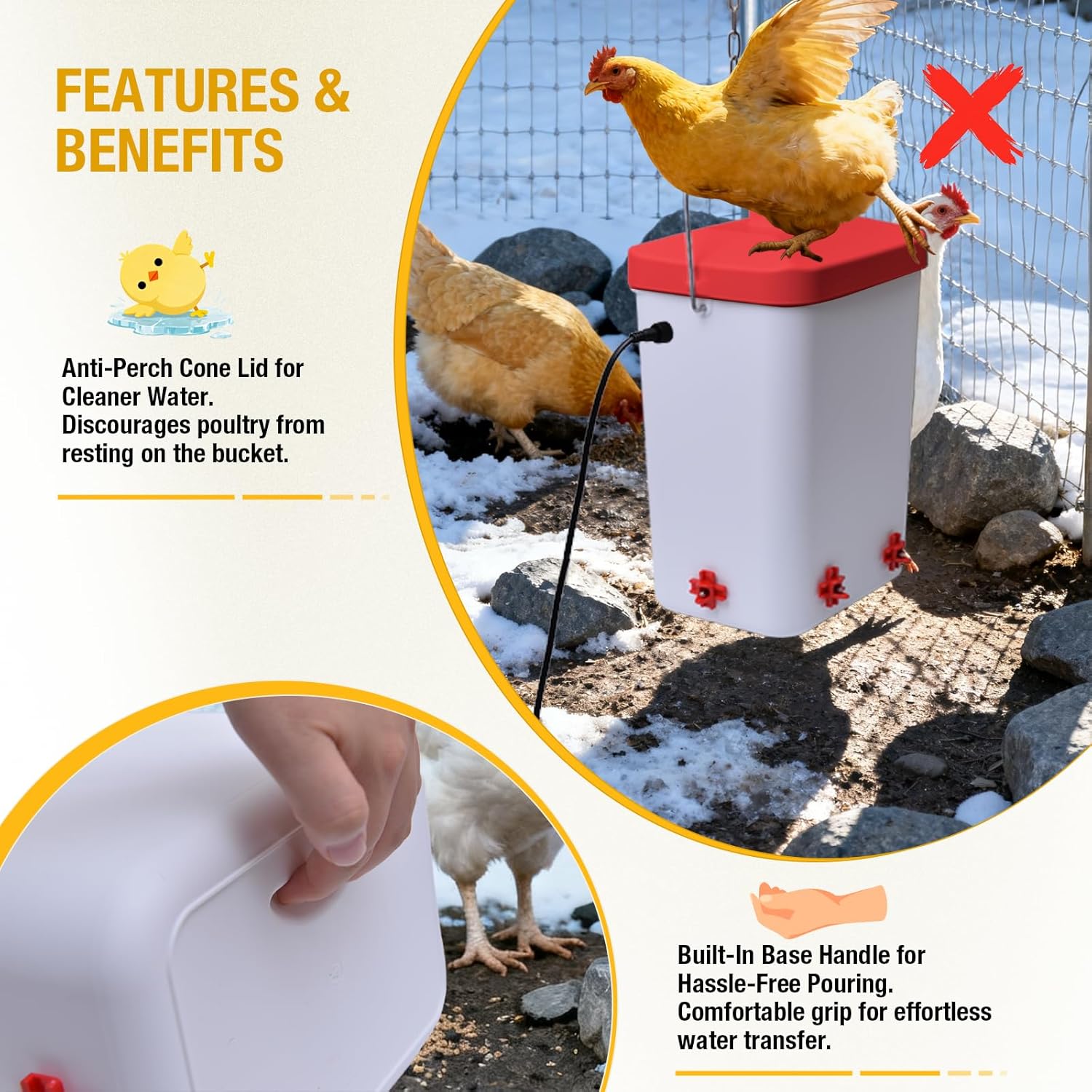 Heated Chicken Waterer 3 Gallon Poultry Water Heater with 4 Nipples Freeze Proof Chick Waterer Heater for Winter Chicken Turkey Pigeon Goose