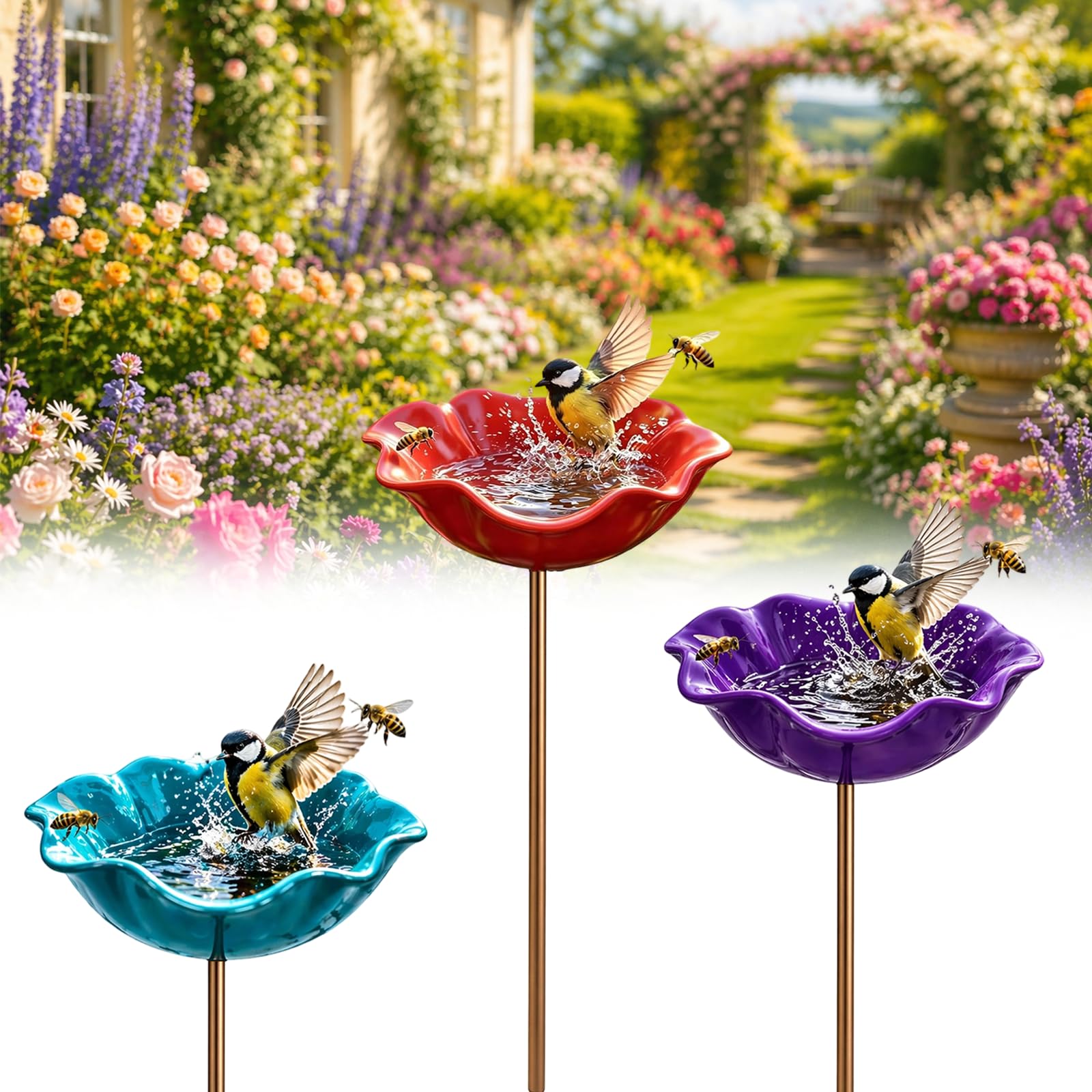 Handmade Metal Flower Garden Stake Bird Bath Bowl - Weather-Resistant Bee Watering Station & Flower Bird Feeder, Decorative Outdoor Metal Flowers for Yard Lawn Patio Decor (3Pcs-F)