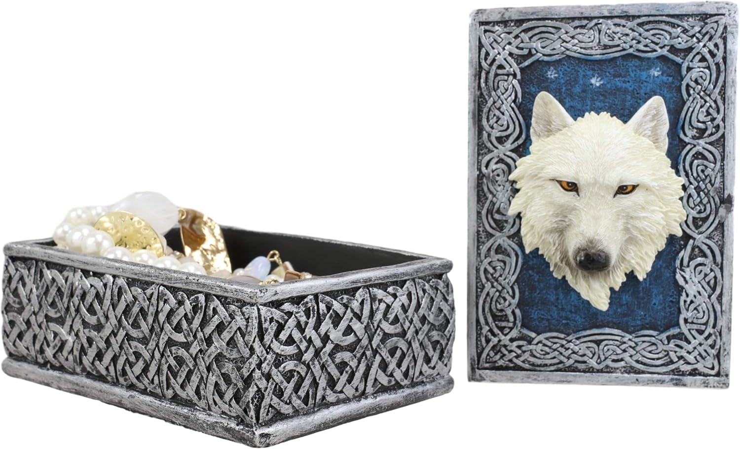 Ebros Gift Celtic Blue Starry Night Element Alpha Wolf Rectangular Decorative Box Figurine As Keepsake Jewelry Stash Storage Decor of Timberwolves Wolves Animal Totem Spirit Sculpture (Snow White)