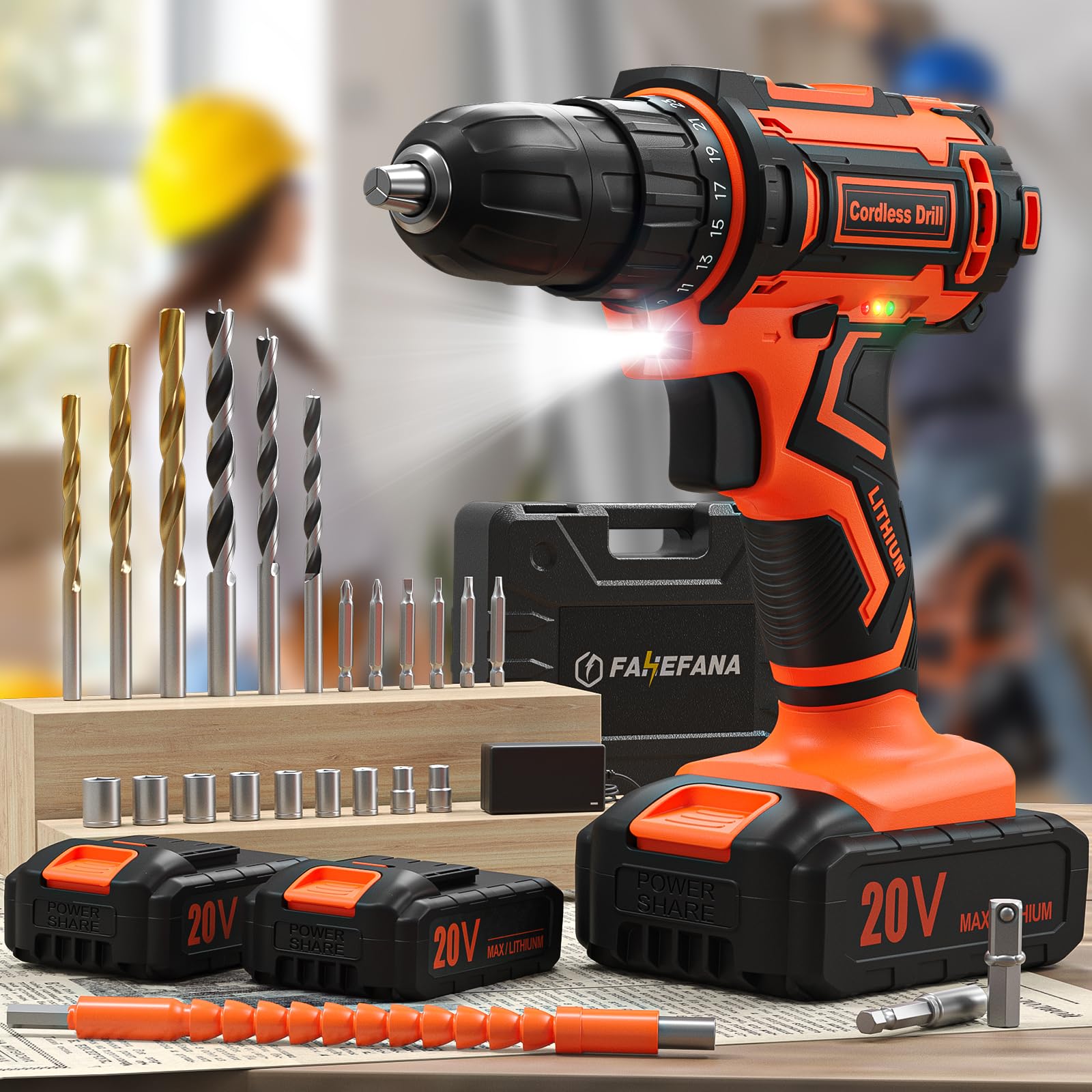 Cordless Drill, 20V 2x2.0Ah Battery Drill Set, 2 Speed Rechargeable Electric Combi Drills with Case 24 Accessories LED Light, 25+1 42Nm Torque Max Power Hand Drills Electric Screwdriver for Home DIY