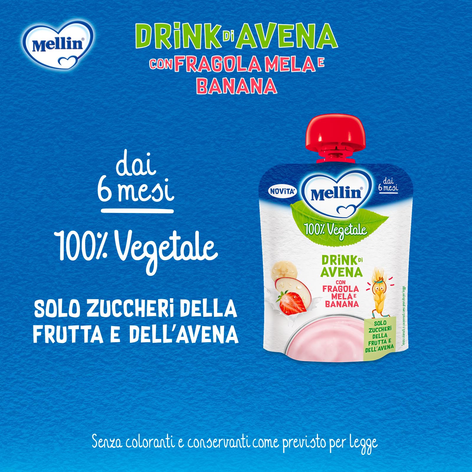 MELLIN Merenda 100% Vegetale, Pouch Avena, gusto Mela Fragola e Banana 90g, Senza Zuccheri Aggiunti - 6 Confezioni da 90g
