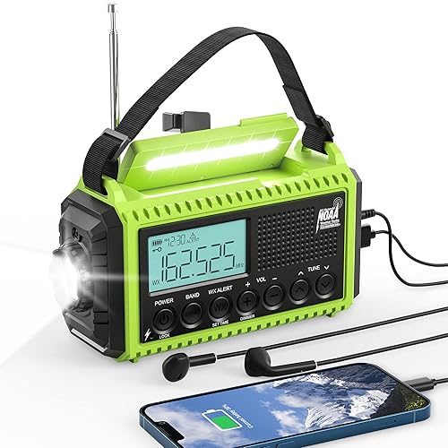 Radio de manivela de emergencia alimentada por energía solar 5000 NOAA Radio de alerta meteorológica con pantalla LCD, cargador de teléfono, disponible en Yaxa Colombia
