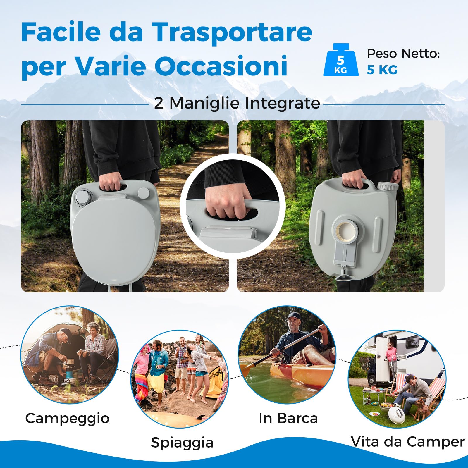 COSTWAY 20L Toilette Portatile con Serbatoio d'Acqua Rimovibile a Maniglia, WC Chimico Comodo per Campeggio, Water Portatile per Adulti e Anziani, Supporto Carico 150kg, 45 x 40 x 42 cm