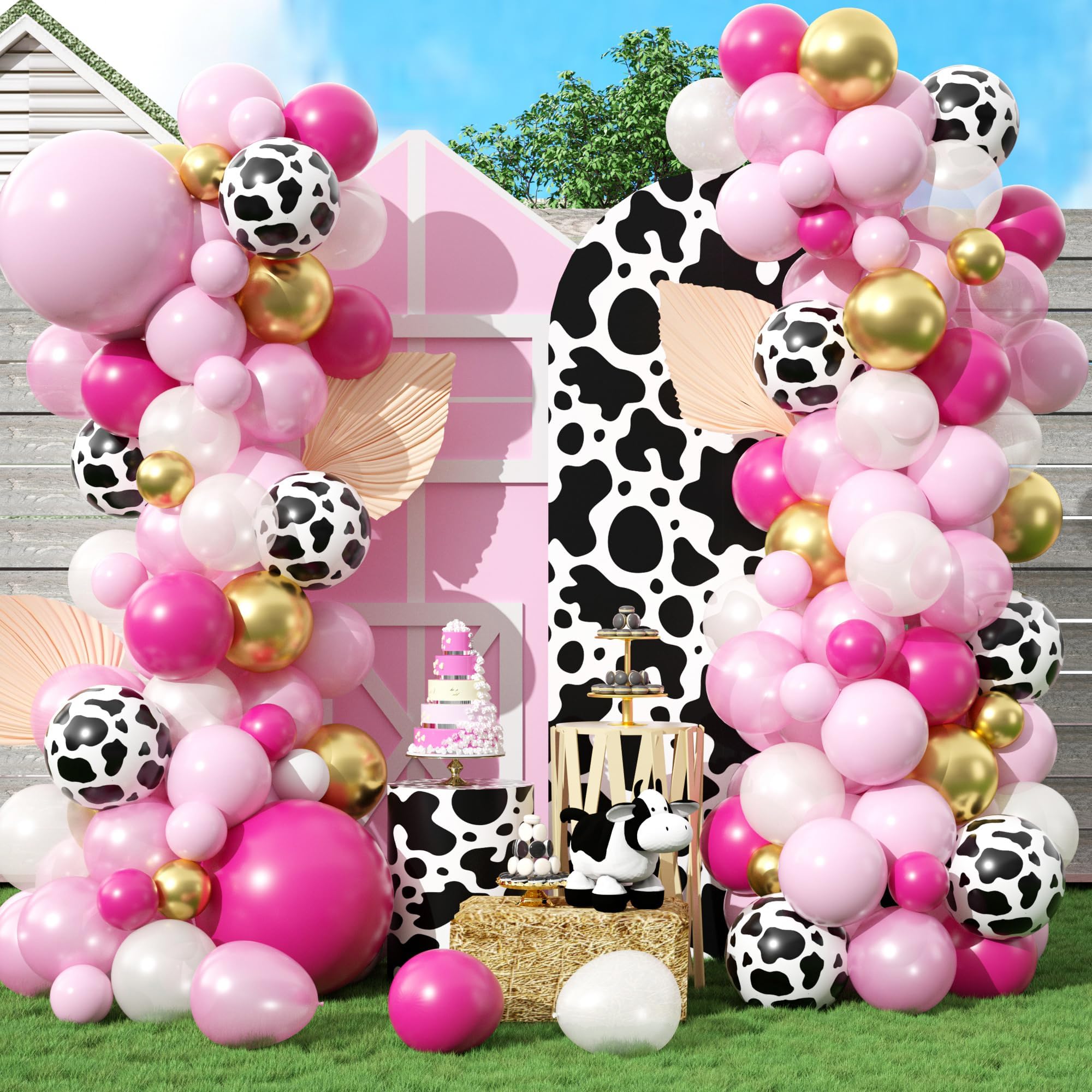 Cow Theme Balloon Arch Garland Kit, Pastel Pearl Pink Gold White Cow Print Latex Balloons Cowgirl First Rodeo Balloon Arch Kit for Girls 1st Rodeo Farm Birthday Baby Shower Party Decorations Supplies