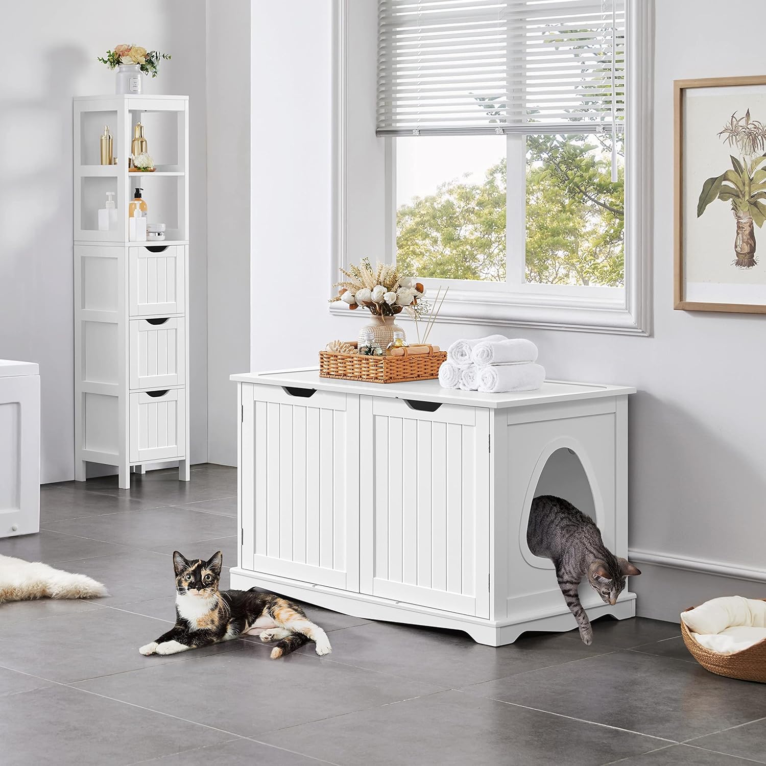 Yaheetech Cat Litter Box Enclosure, Box Cabinet Hidden, Wooden Pet Crate Kitty Washroom Storage Bench with Divider Home Litter Loo Indoor Cat House White