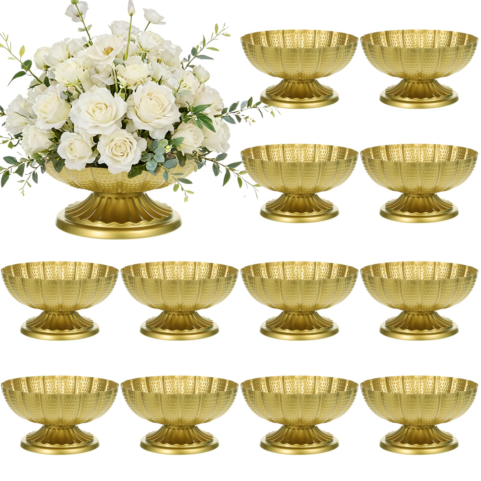 Photo 1 of 12 PCS Compote Bowl Gold Vase for Centerpieces 7" W x 4" H Small Metal Pedestal Vase Antique Gold Urn Vases Flower Arrangement for Wedding Anniversary Parties and Home Decor