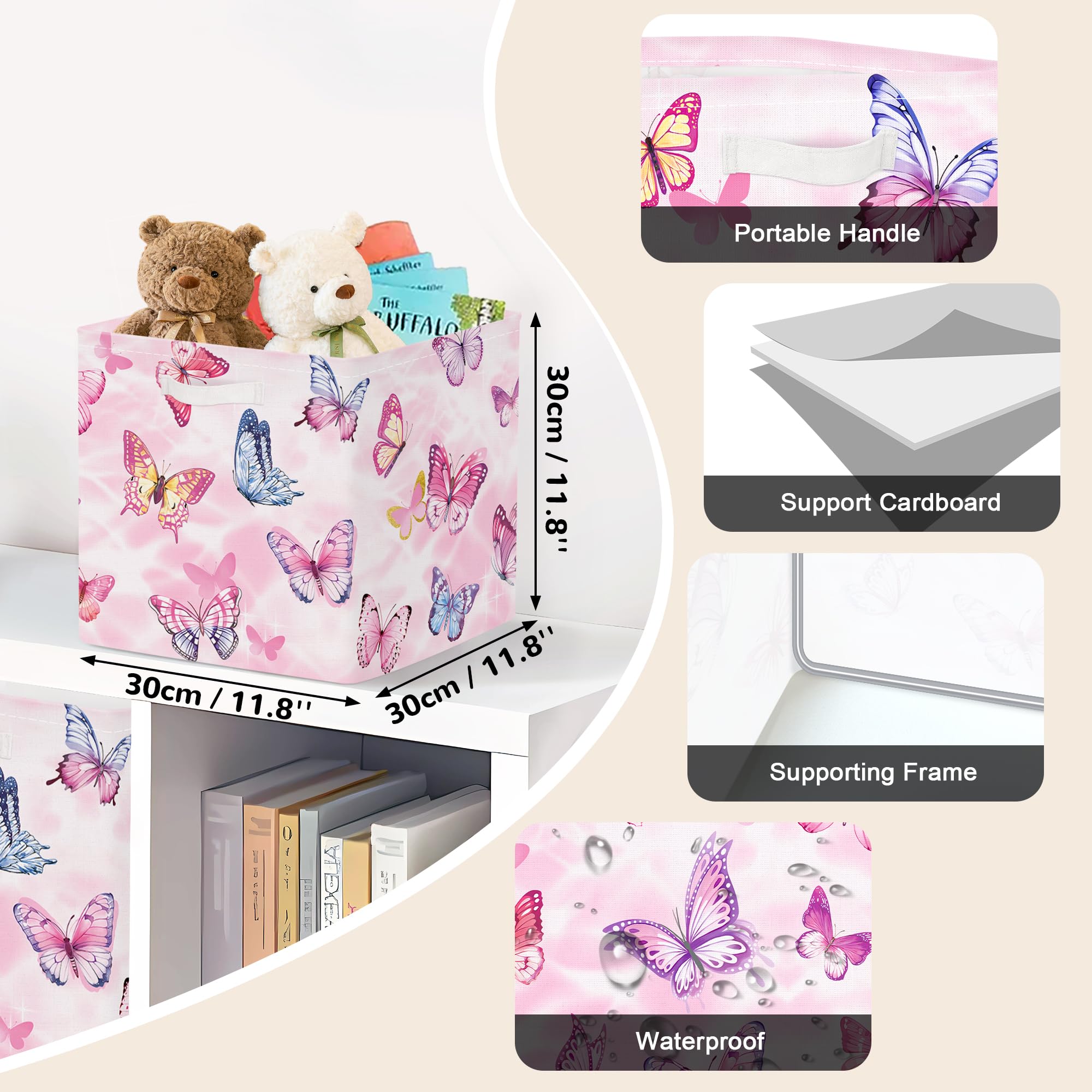 Clastyle Lot de 3 Boite Rangement Tissu Enfant Papillon Cube de Rangement Pliable Filles Panier Kallax pour Salle de Bain,Rose,30x30x30 cm