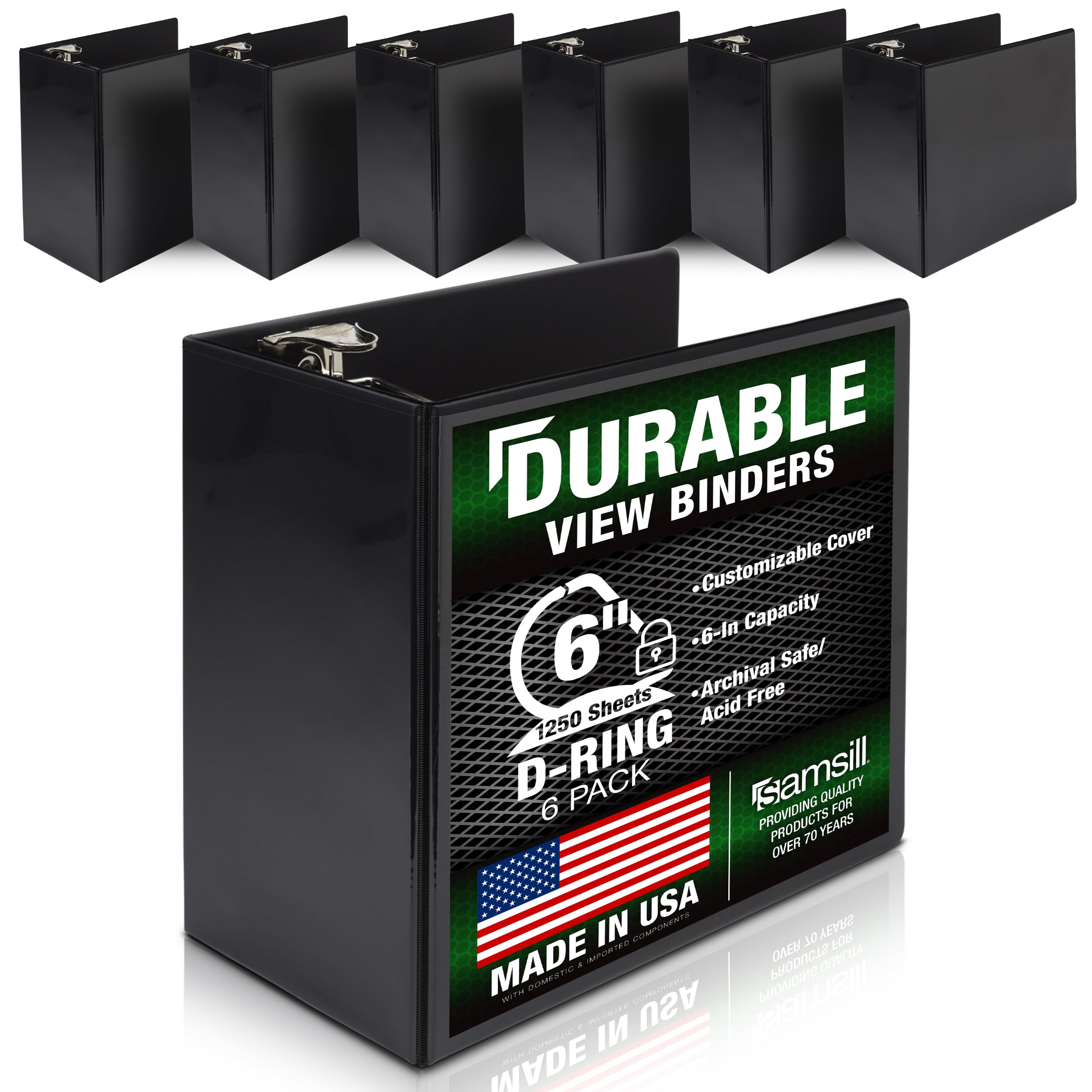 Samsill Durable 6 inch 3 Ring Binder, Made in USA, Locking D Ring 100% Recycled Chipboard, Black, 6 Pack