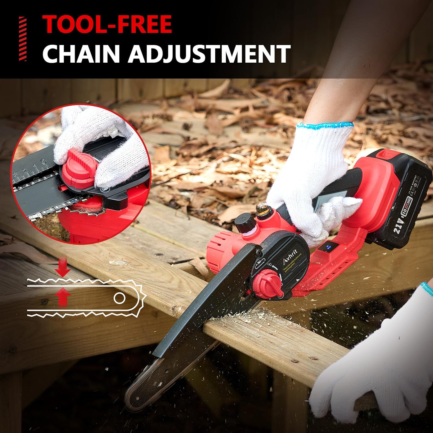 Hand adjusting the chain tension on the Avhrit chainsaw