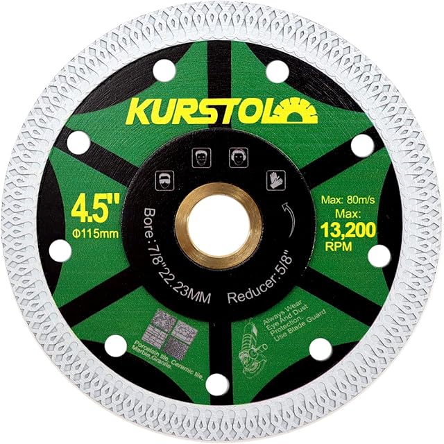 KURSTOL Tile Porcelain Diamond Blade - 4.5"/115mm Super Thin Diamond Cutting Disc Wheel,Arbor 7/8"-5/8" for Ceramic Granite,Marble Angle Grinder Tile Saw Blade
