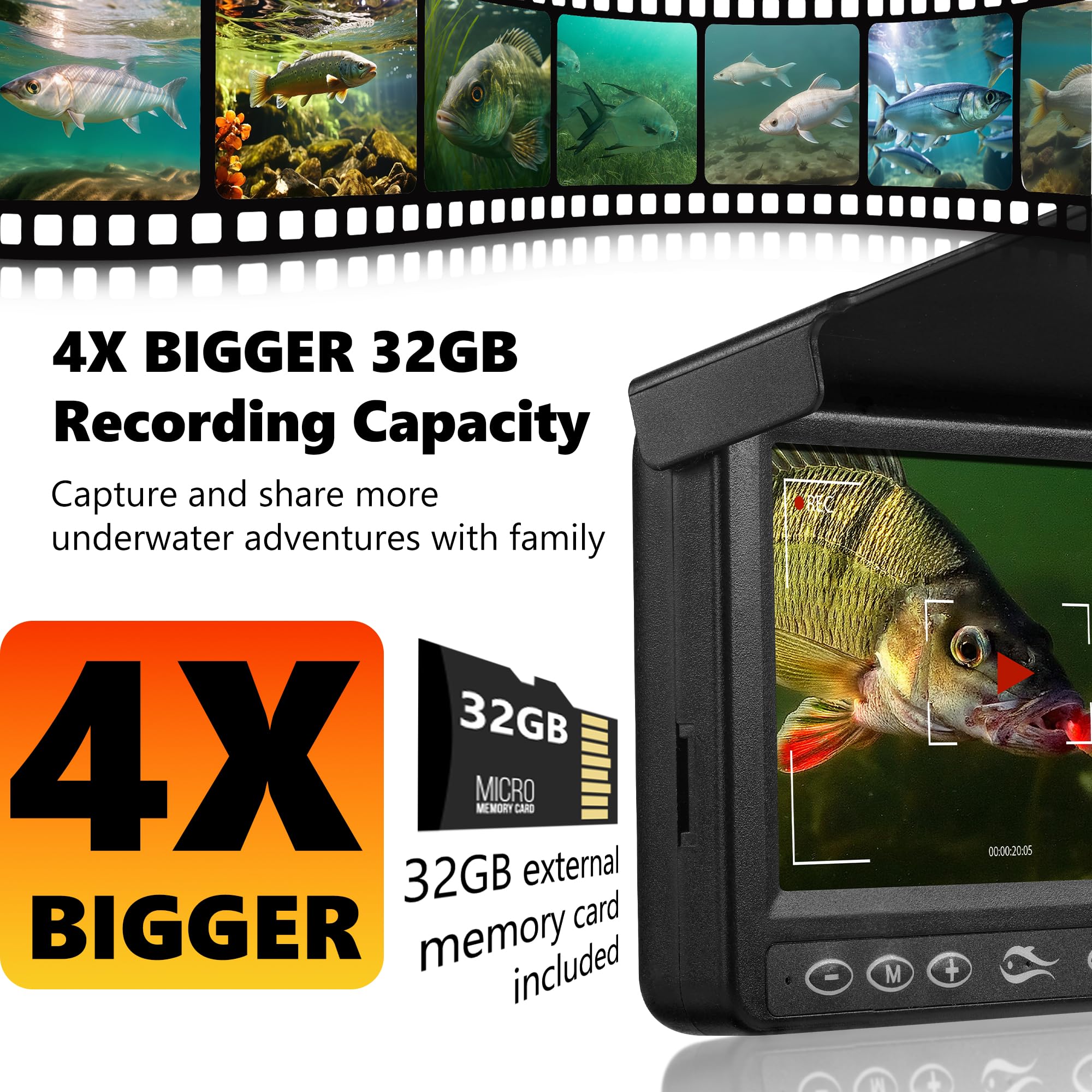 MOQCQGR Unterwasser-Angelkamera mit DVR – tragbare 10,9 cm Eisfischkamera Unterwasser, 3-stufige IR-Beleuchtung, 4-facher Zoom, 16 GB SD-Karte, 1000TVL Eisfischen Fischfinder für Boot, See, Kajak