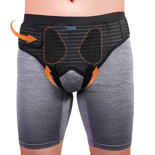 Miniatura 10 de Cinturones para hernia para hombres, cinturón de apoyo ajustable para hernia inguinal para hombres y mujeres con 4 almohadillas de compresión,