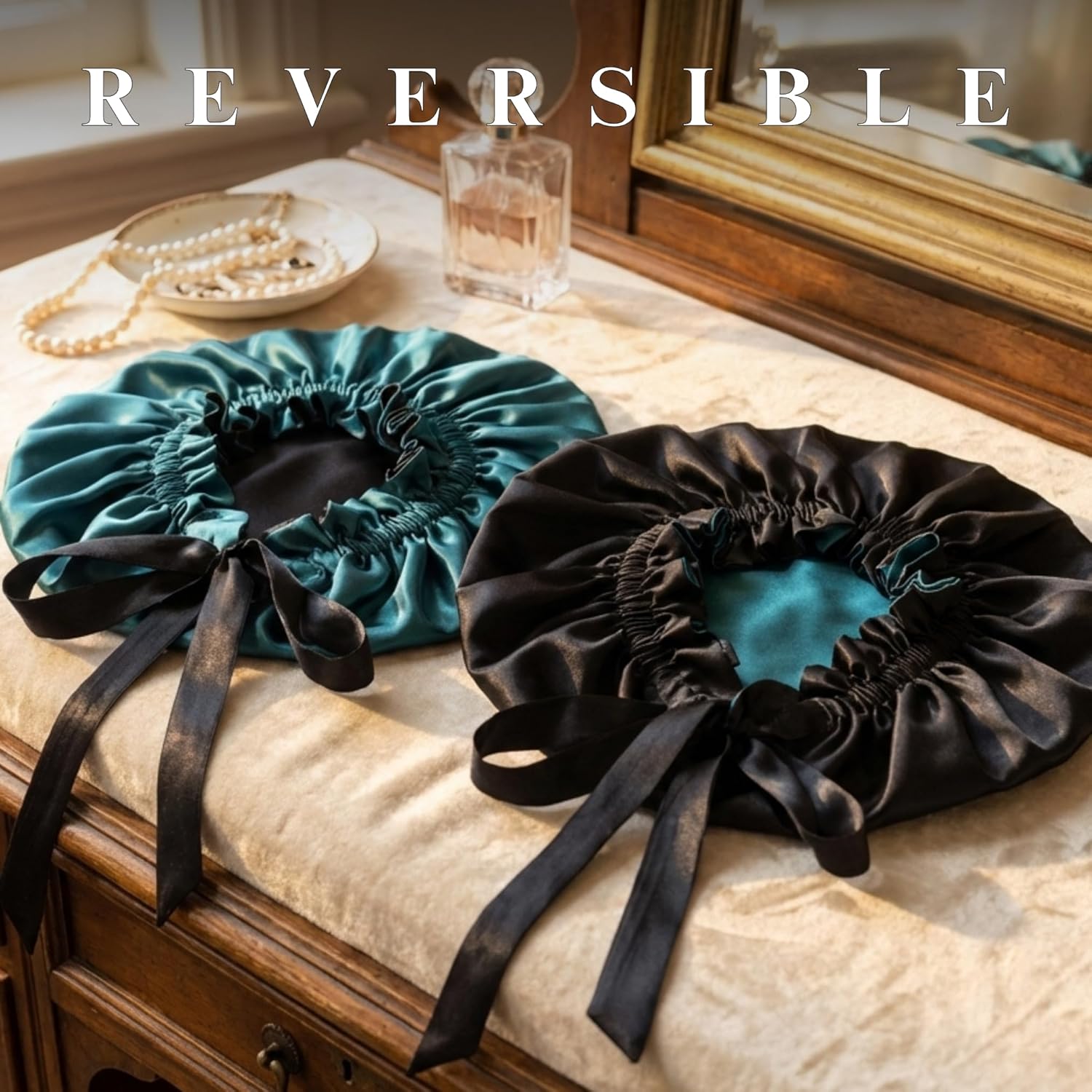 100% Silk Bonnet for Women Sleeping - Adjustable 19 Momme Mulberry Silk Cap, Double Layer, Handmade in USA, Frizz-Free (Deep Teal & Black)