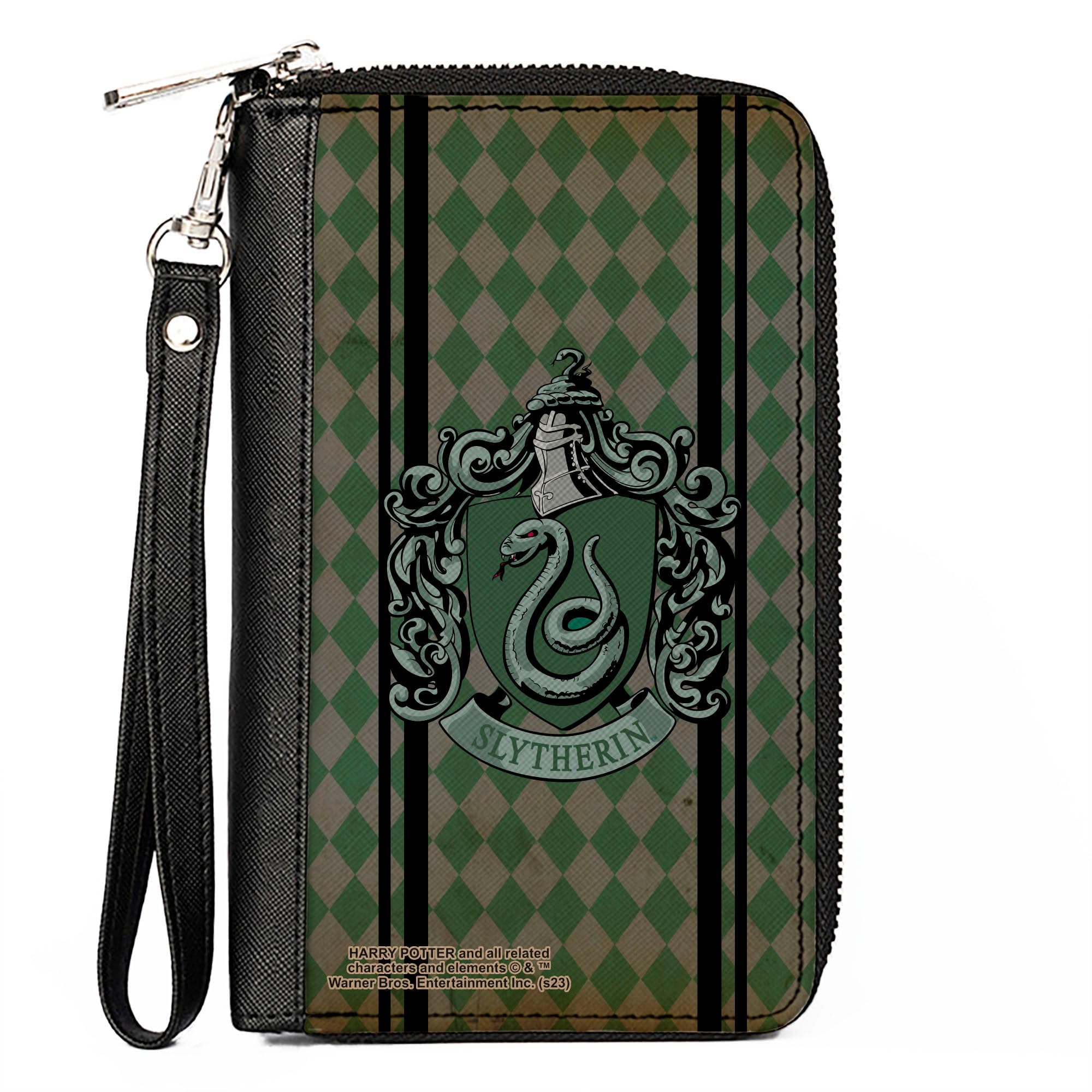 Buckle-Down The Wizarding World of Harry Potter Wallet, Zip Around, Slytherin Crest Stripes Diamonds Greens Black, Vegan Leather