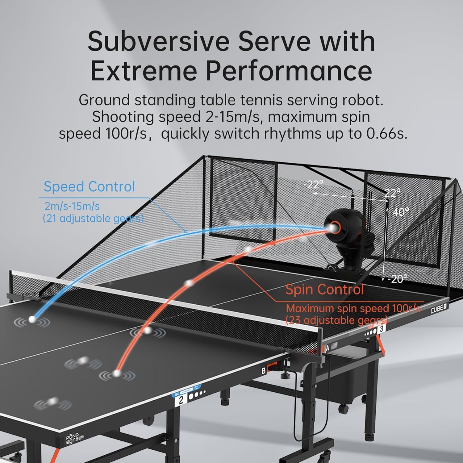 PONGBOT Table Tennis Robot with Net Ping Pong Ball Machine, Remote/APP Control, 576 Pre-saved Trajectories, Automatic Oscillation, Programmable Drills-Frequency/Ball Speed/Rotation/Landing/Hight