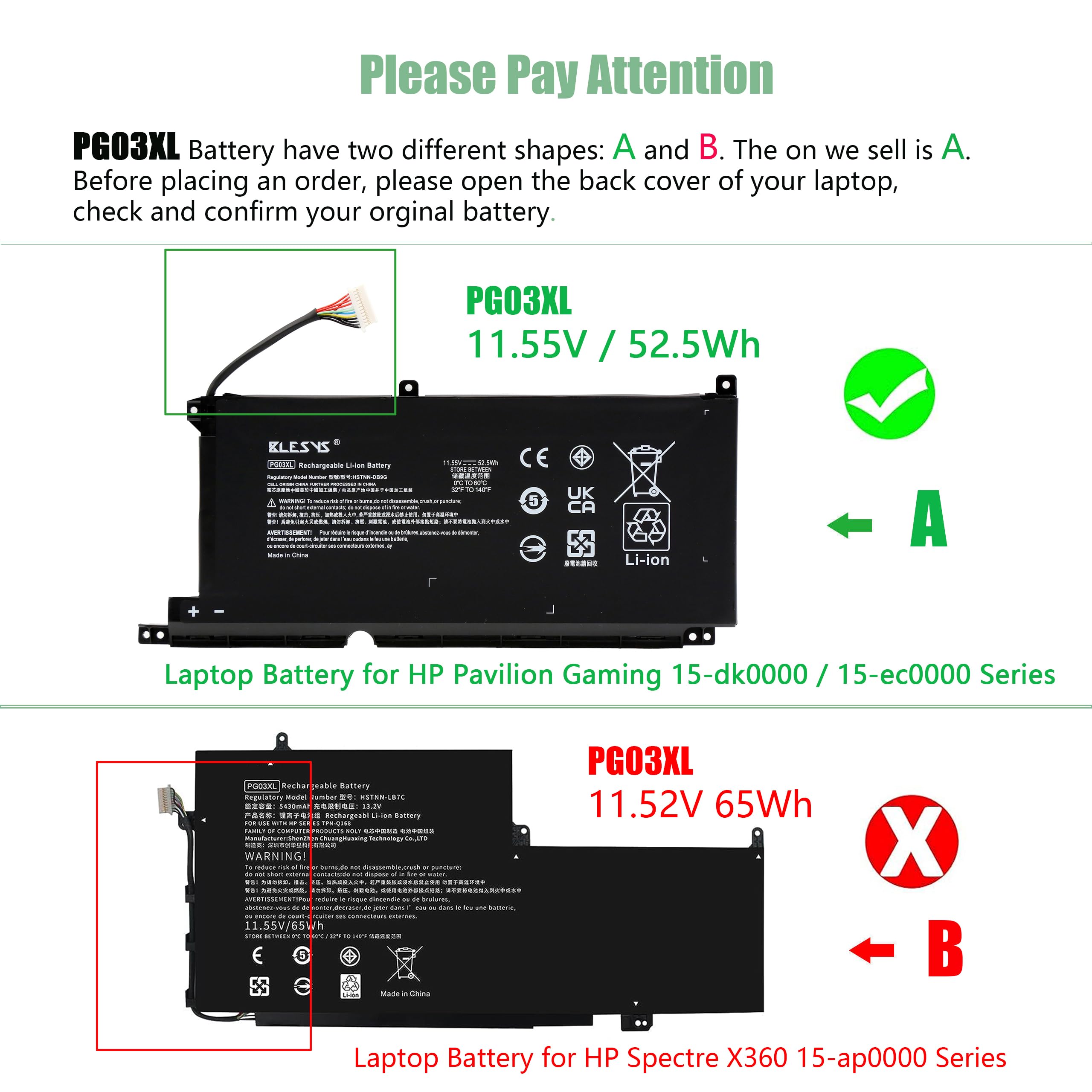 BLESYS PG03XL L48495-005 Batteria per HP Pavilion Gaming 15-DE 15-EC Laptop 11,55V 52,5Wh non è compatibile con 11,52V 65Wh