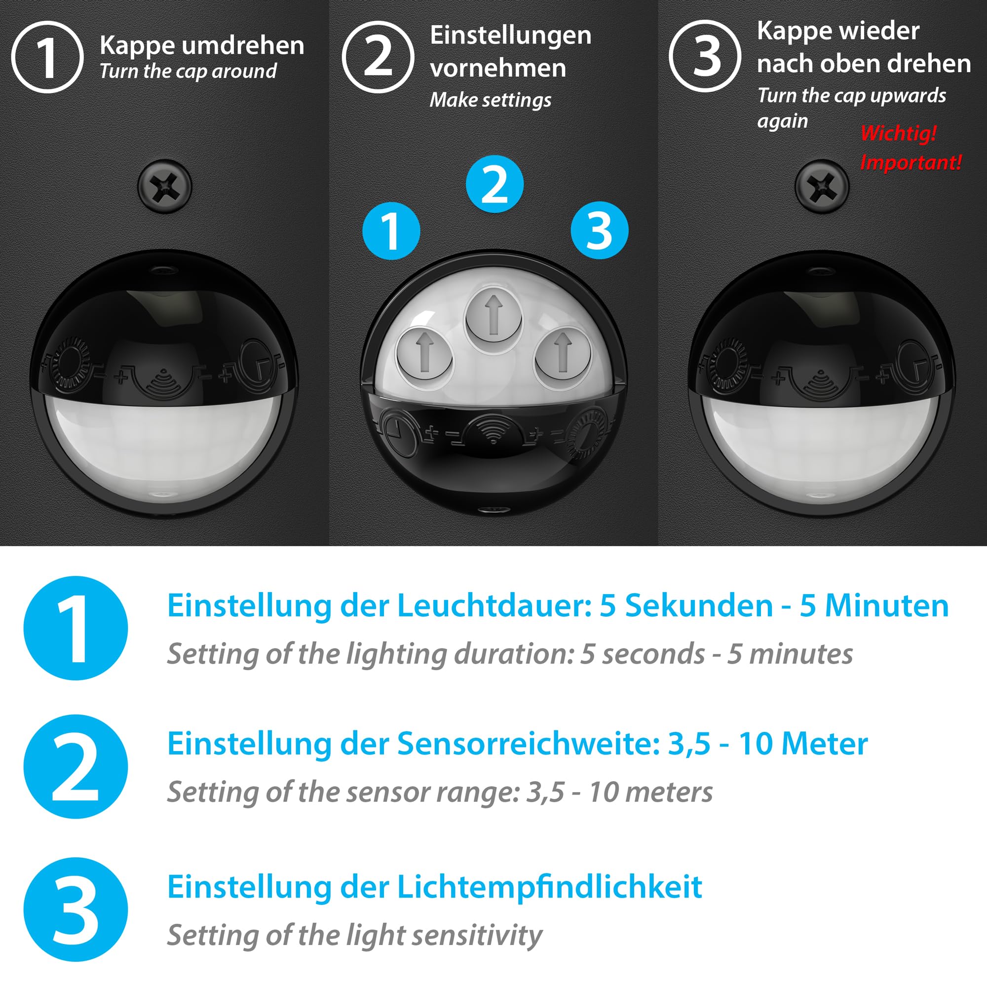 ledscom.de Pollerleuchte PORU Sensor mit Erdspieß für außen, 38cm, schwarz, Steckdose, inkl. E27 Lampe 471lm, extra-warmweiß