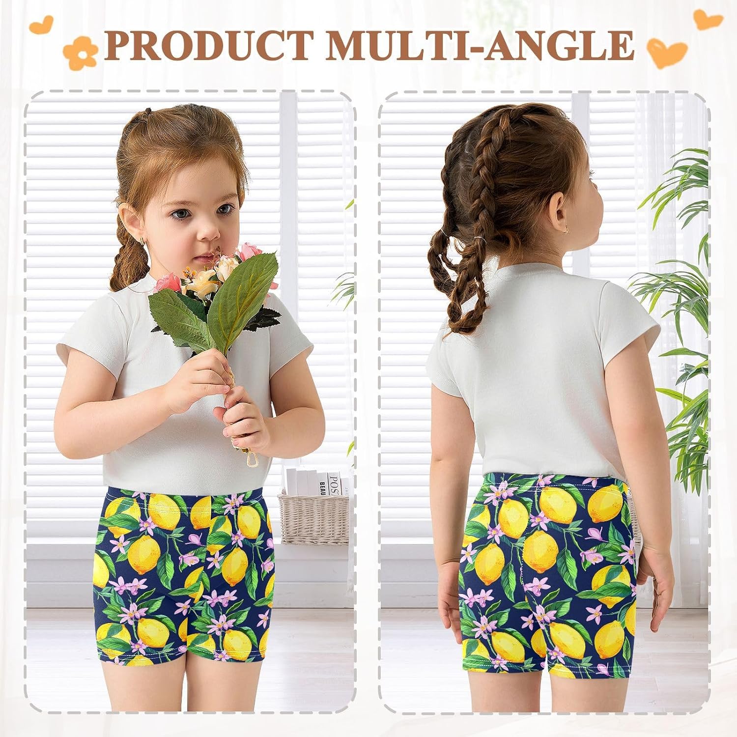 Lemon Blossom Leaves Blue Girls Bike Shorts Toddler Soft Cotton Cartwheel Under Dress Dance Shorts