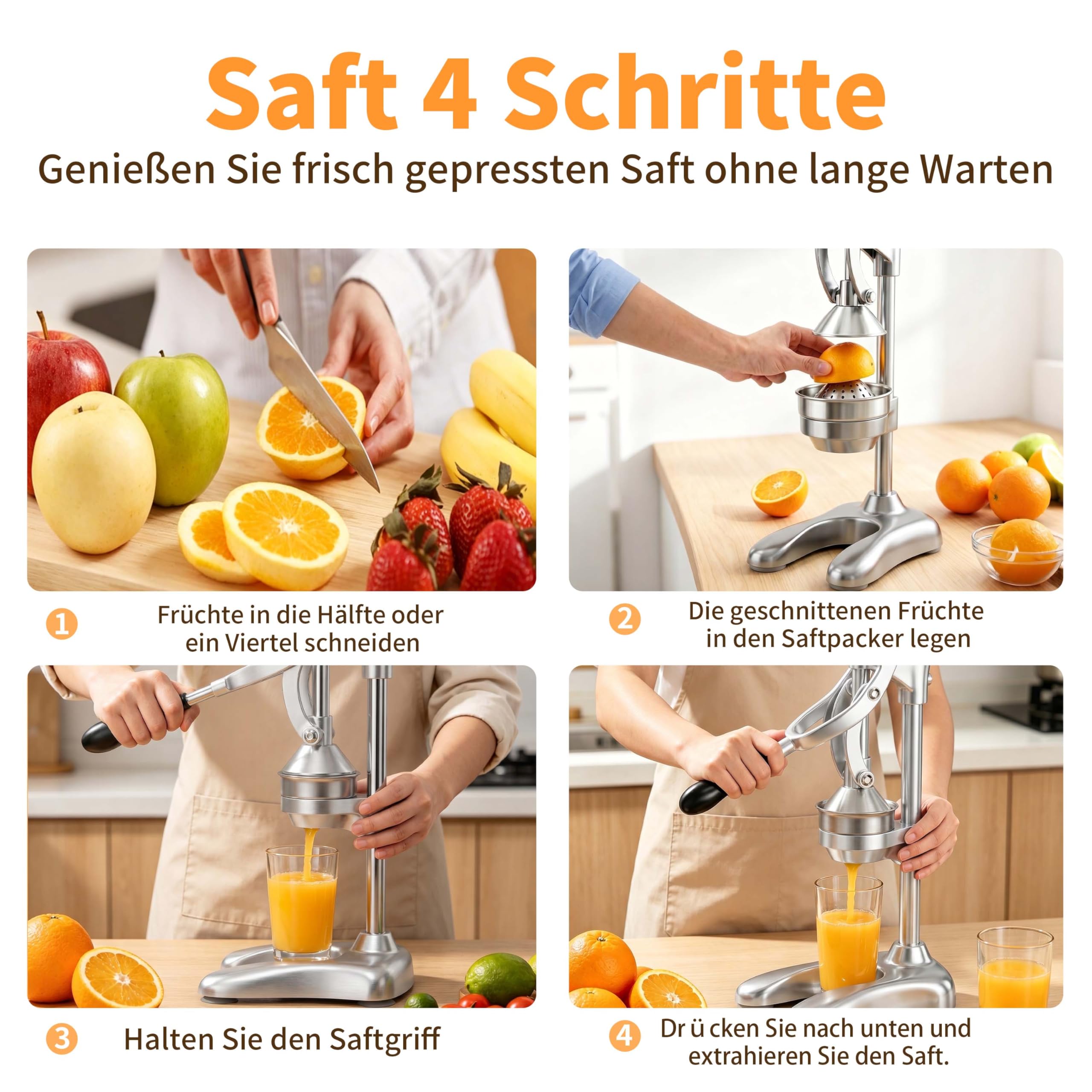 professionelle Zitruspresse,manuell bedienbare Zitruspresse für Orangen, Zitronen, Granatäpfel, Grapefruits,wartungsfrei,robuster und strapazierfähiger (Silber)