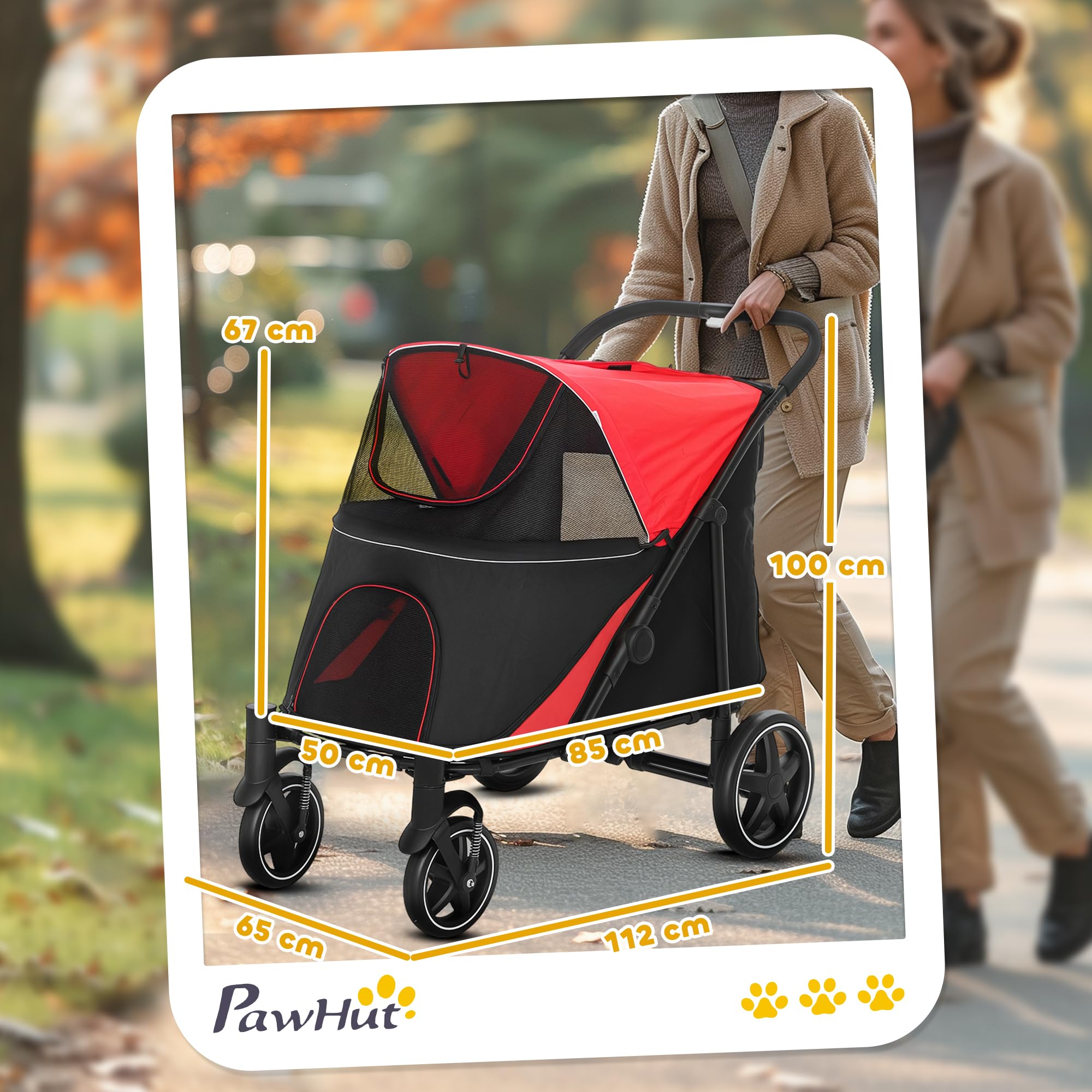 PawHut Cochecito para Perros Plegable Carrito para Mascotas con Ventanas de Malla Carga 30 kg Correas de Seguridad Bolsillos de Almacenamiento 112x65x100 cm Rojo