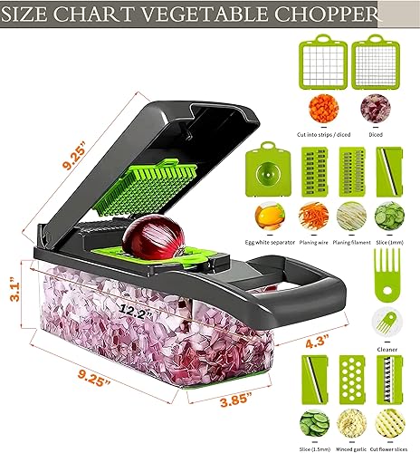 Miniatura 2 de Picadora de verduras y espiralizador profesional 16 en 1  Picadora de alimentos de varias cuchillas con recipiente, picadora de cebolla, cortador de