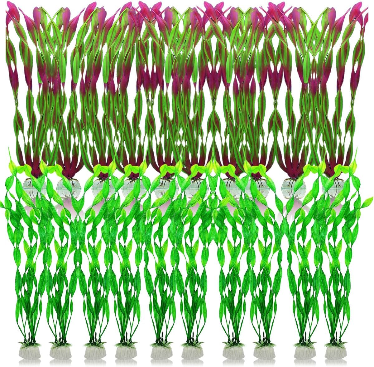 20 PCS Artificial Plastic Aquarium Plants Decor, Artificial Seaweed Fish Tank Greenery - Non-Toxic Underwater Plants with Green & Wine Red Leaves, Tank Plant Decorations