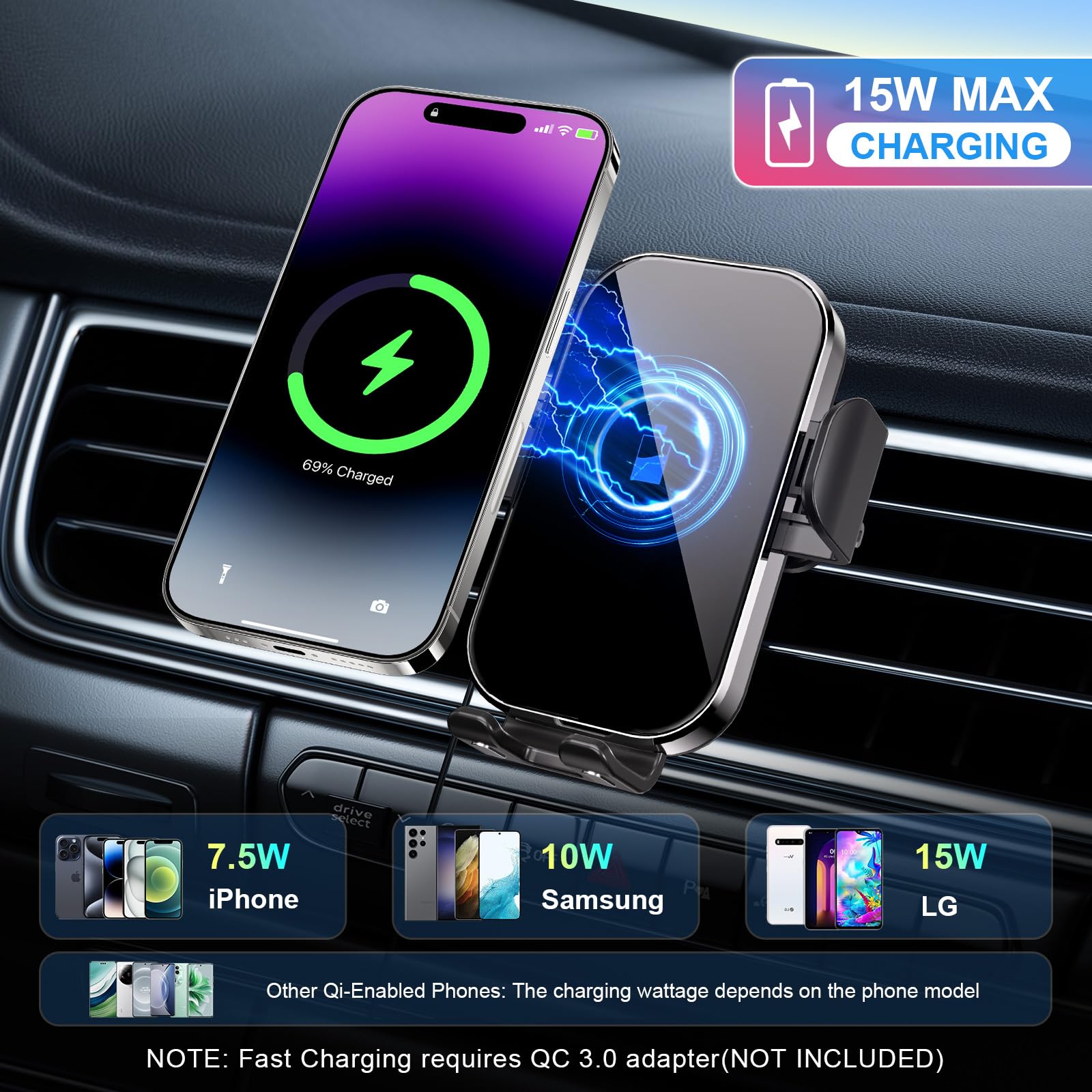 15W Fast Wireless Car Charger Mount, Auto-Clamping Phone Holder for iPhone 16/15/14/13/12, Samsung S24/S23/S22/S21,Qi-Certified Car Phone Charger (Black)