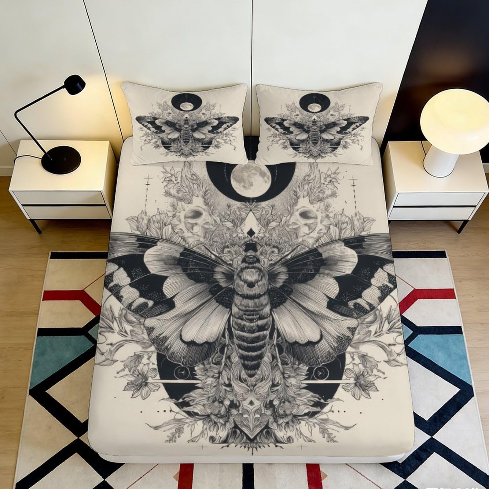 3D Printed Gothic Moth Fitted Sheet Microfiber Soft Breathable Skull Moon Mattress Cover for Bedroom Dorm Decor 120x200cm 160x200x25cm