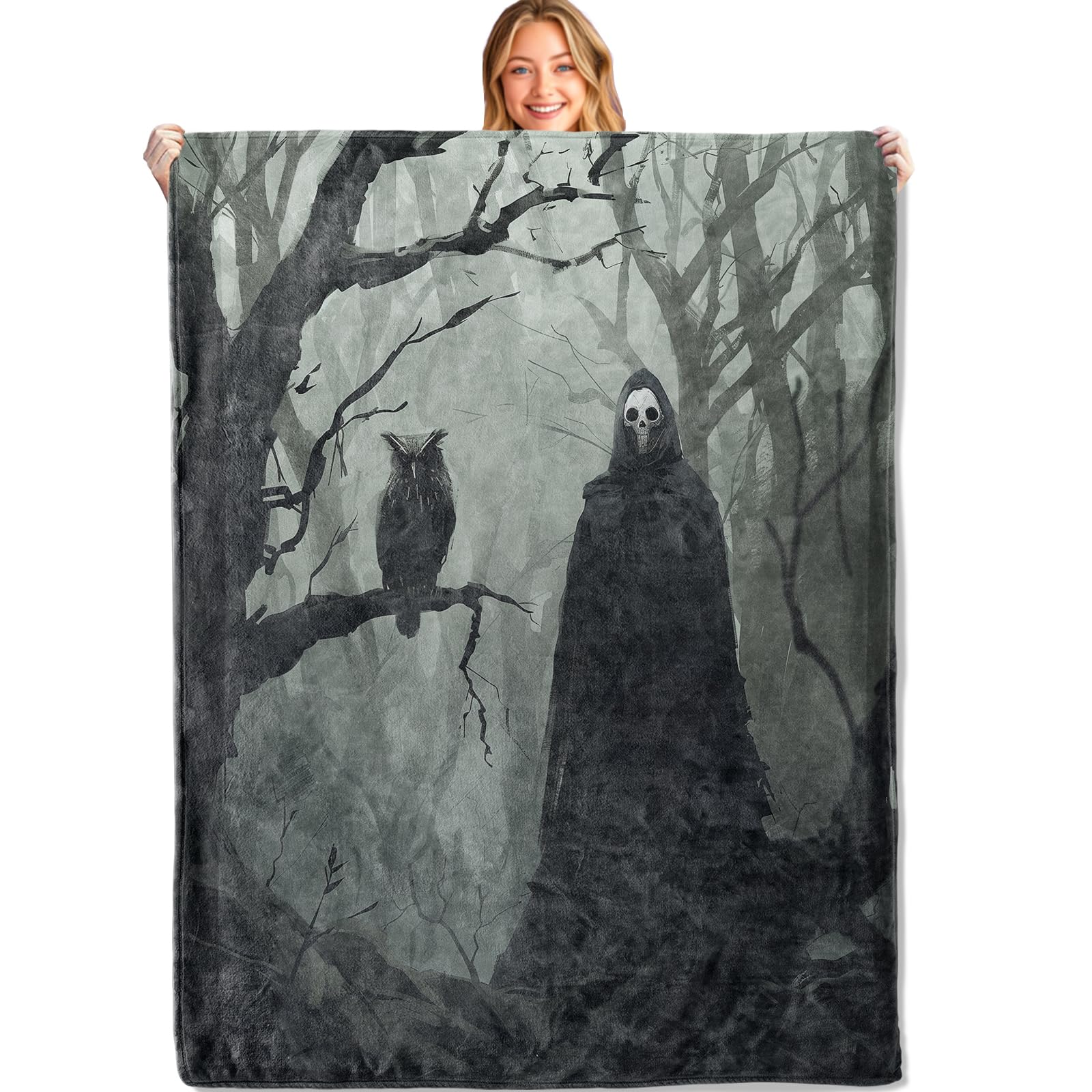 MIEPOS Horror Haunted Forest Gothic Throw Blanket,50x60in,Soft,Lightweight Flannel,Owl and Ghost Black Goth Blankets - Gifts for Adult,for Couch