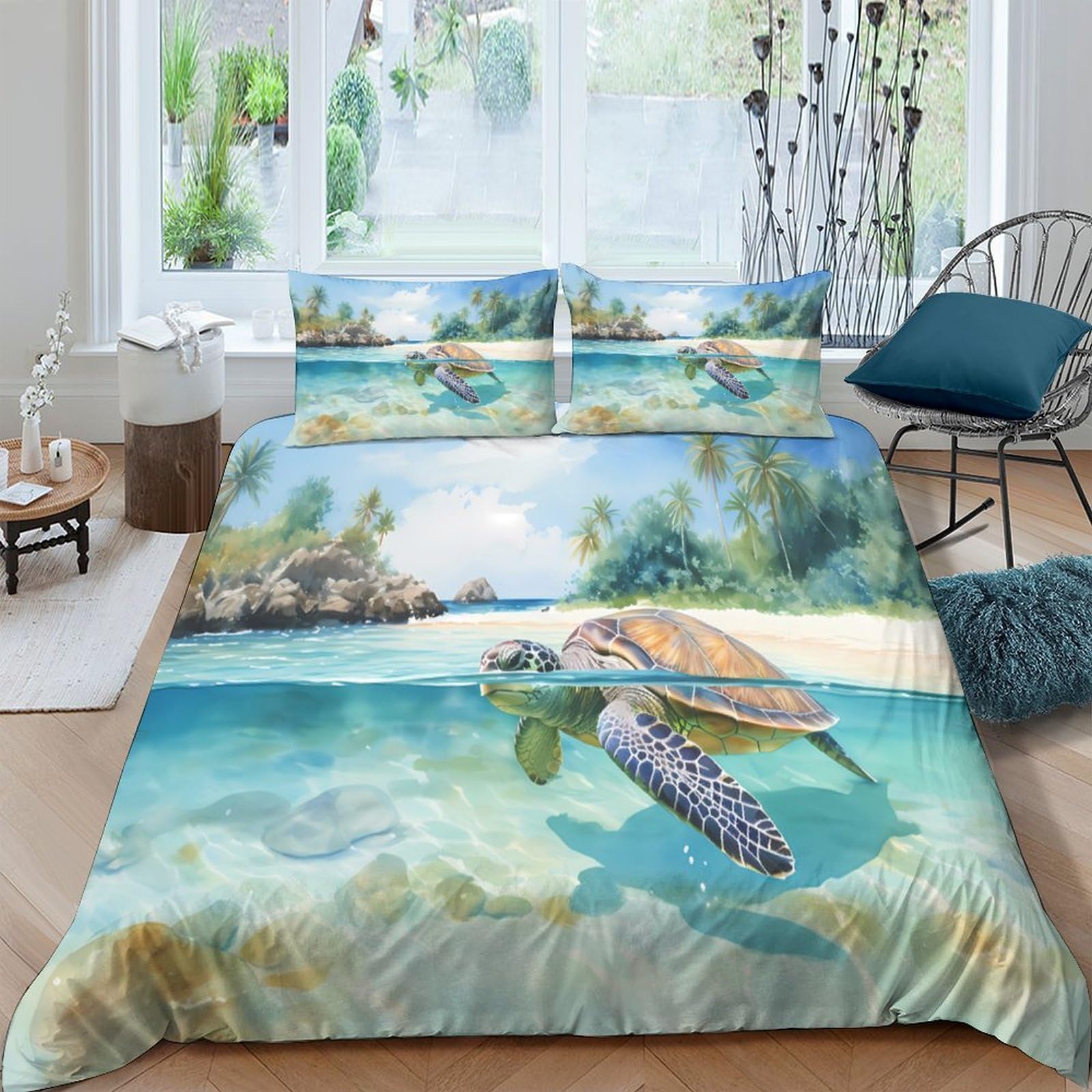 Ctjqhvkz Style-1 3D Printed Sea Turtle Beach Fitted Sheet Microfiber Soft Ocean Waves Mattress Cover Bedroom Decor, Anti-Slip, Machine Washable, Dustproof, Home Use Single（135X200cm）