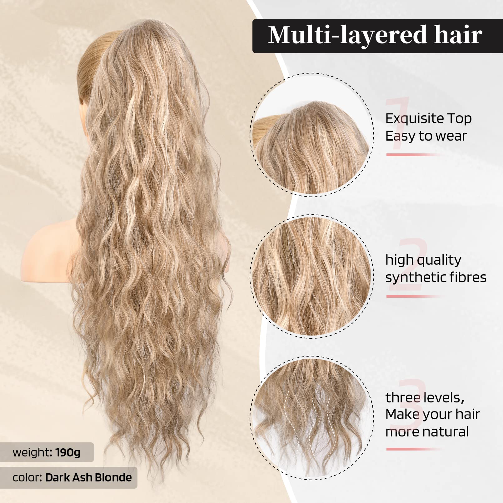 Flufymooz Ponytail Extension Pferdeschwanzverlängerung, 66 cm Pferdeschwanz mit Kordelzug Haarverlängerungen, Lockiger Pferdeschwanz Synthetisches Haarteil für Damen (Dunkles Aschblond)