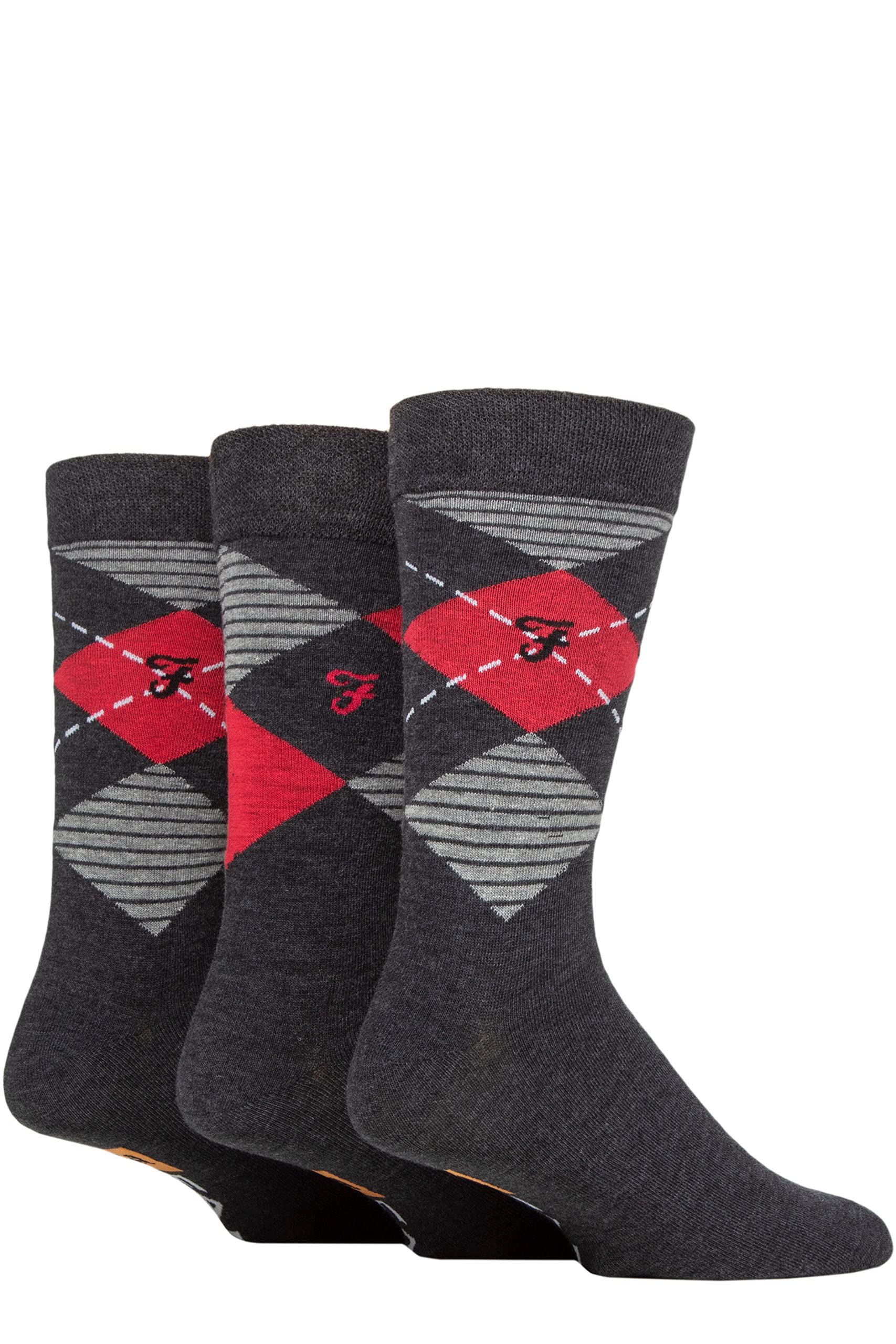 Farah Mens Argyle, Patterned and Striped Cotton Socks Pack of 3 Charcoal/Berry Argyle 6-11