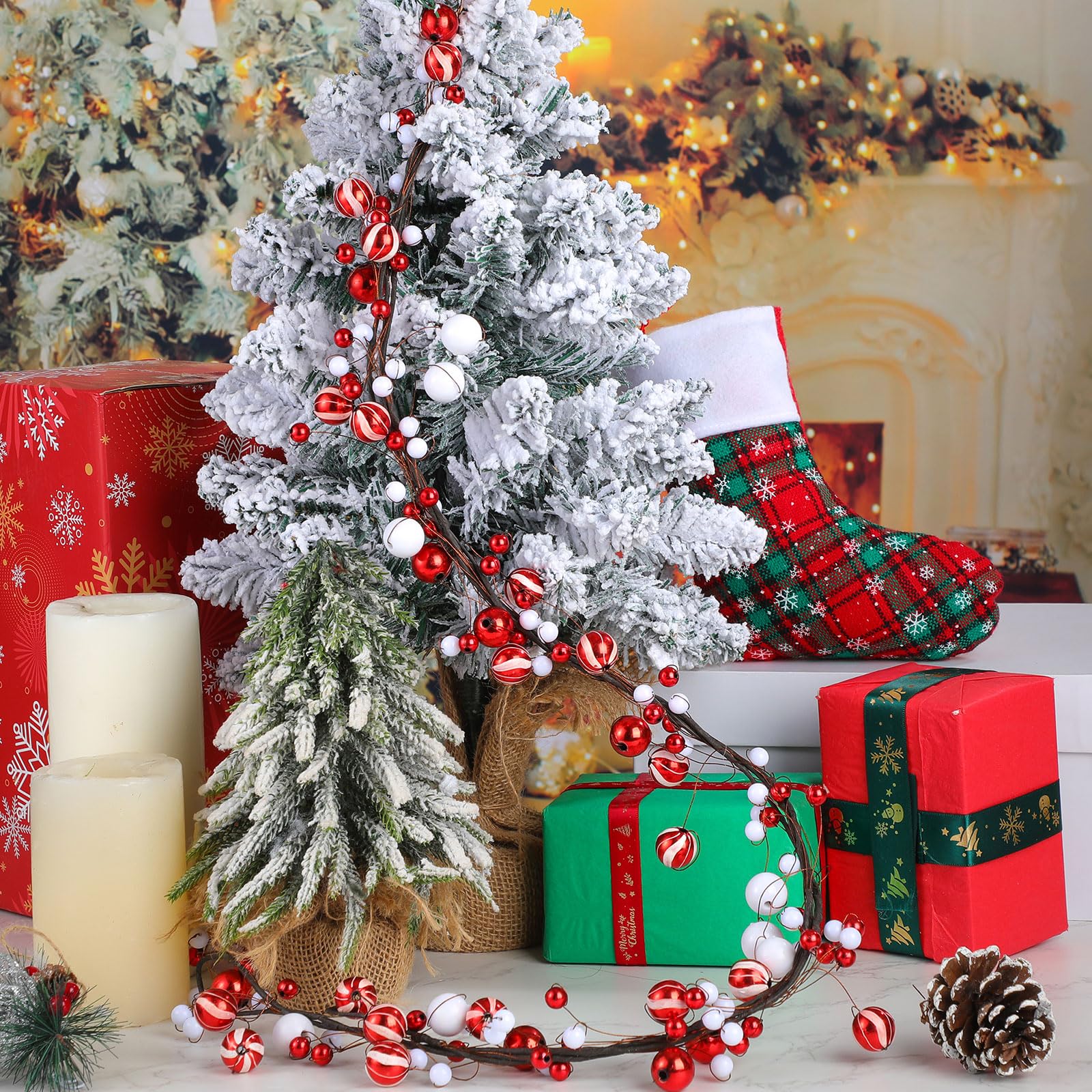 WILLBOND Guirlande de boules de Noël à suspendre pour sapin de Noël, cheminée, couronne de 3,7 m, rouge et blanc