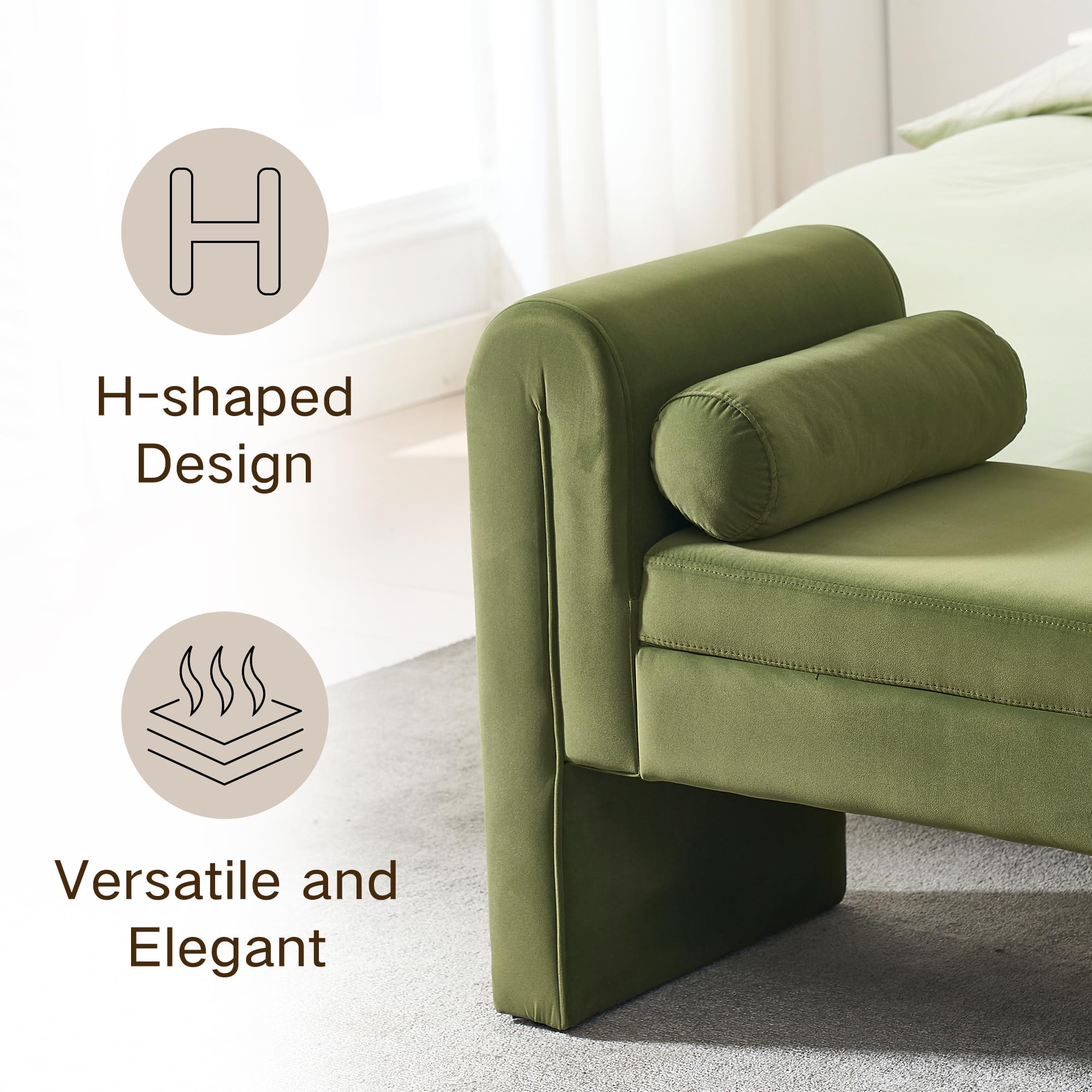 Hdxdkog Storage Bench for Bedroom End of Bed, Velvet Upholstered Rolled Armed Button Tufted Sofa Stool Bench, Storage Ottoman Couch Long Bench with Solid Wood Legs (): Green-60.5 Inch