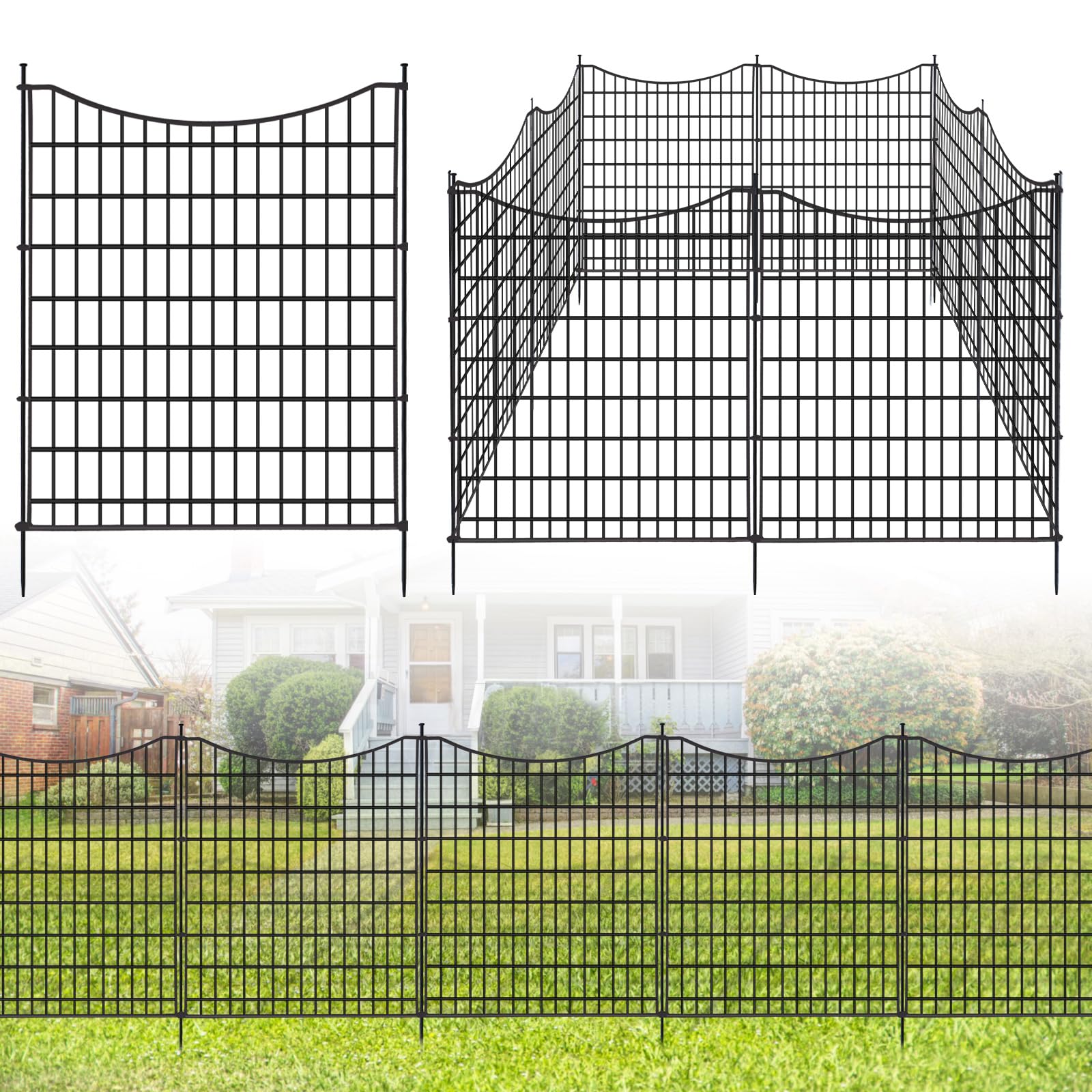 6 Panels No Dig Decorative Outdoor Garden Fence, 26.4 in(H) X 12.7 ft(L) Animal Barrier Fencing, Rustproof Metal Wire Panel Border with Rubber Mallet, Temporary Ground Stakes for Patio, Outdoor