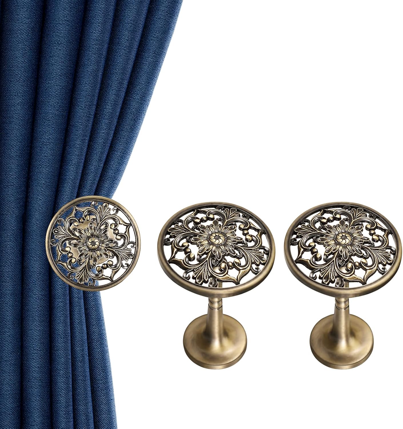 2 Pack Curtain Holdbacks, KENOBEE Window Drapery Wall Mounted Tieback Hooks Antique Engraved Floral Plate Vintage Retro Decorative Metal Hangers Tassel Holders for Home Office Balcony, Bronze A : Home & Kitchen